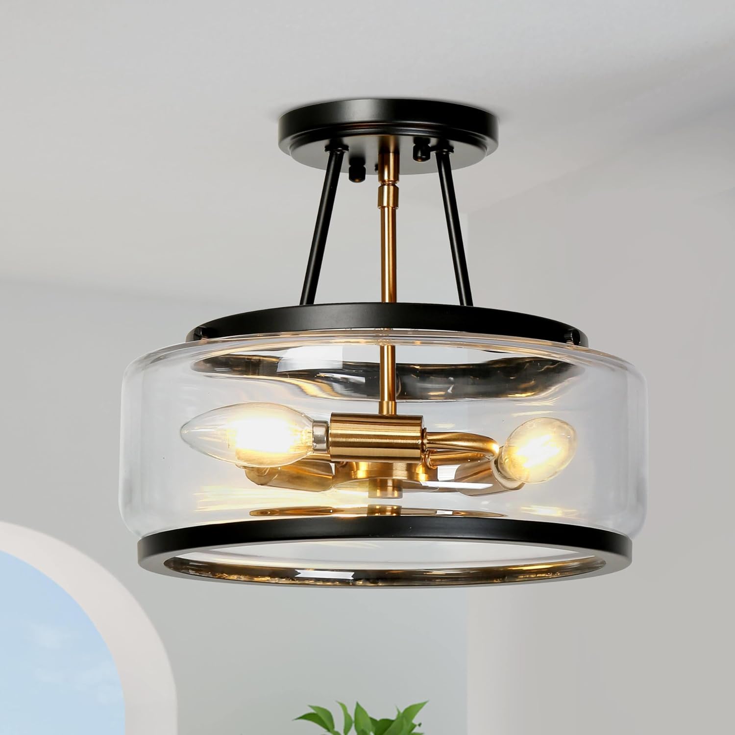 classy leaves Semi Flush Mount Ceiling Light, Black and Gold Modern Close to Ceiling Lights, 3 Light Mid-Century Ceiling Light Fixtures Clear Glass for Bedroom, Kitchen, Entryway