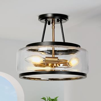 classy leaves Semi Flush Mount Ceiling Light, Black and Gold Modern Close to Ceiling Lights, 3 Light Mid-Century Ceiling Light Fixtures Clear Glass for Bedroom, Kitchen, Entryway
