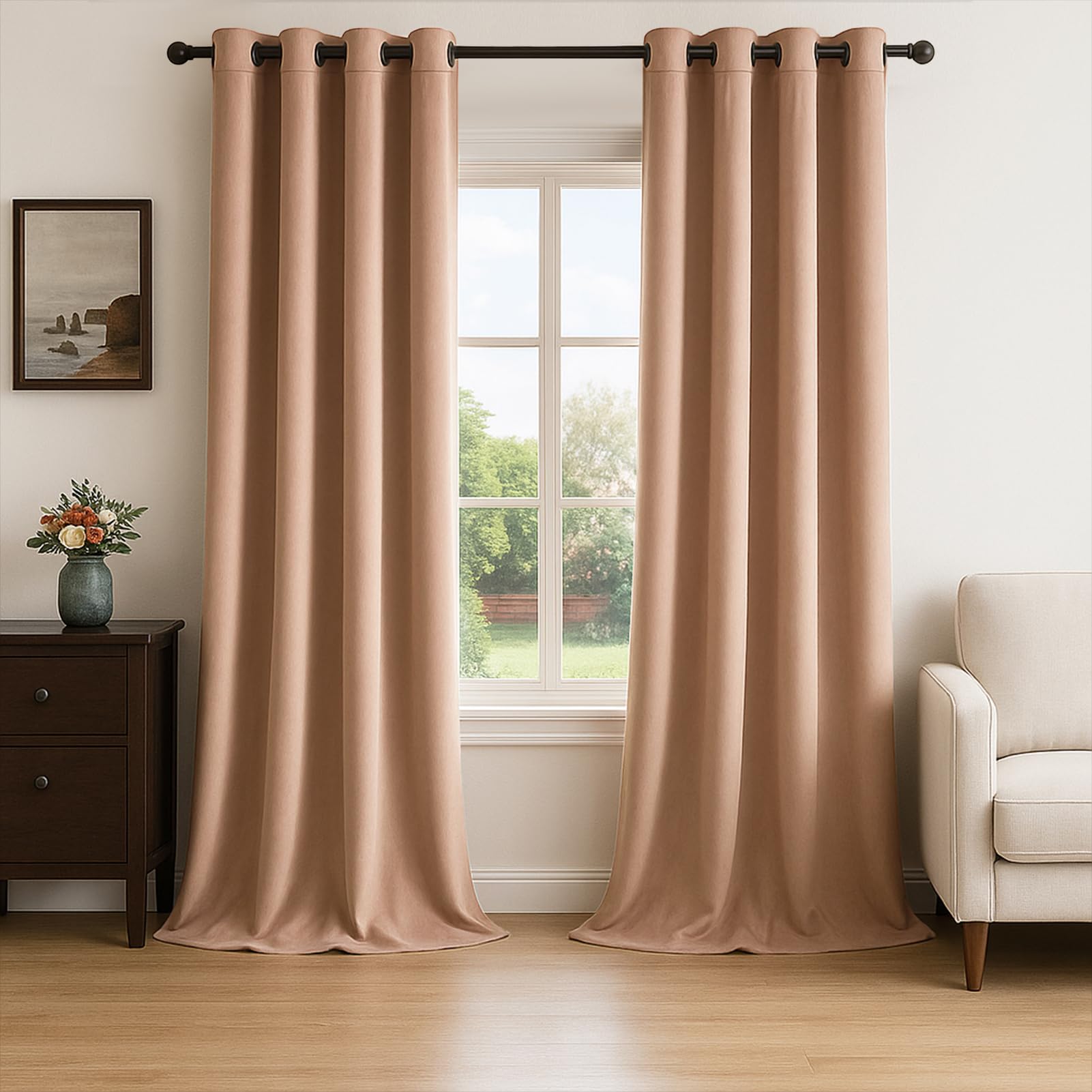 Topfinel Extra Long Blush Beige Velvet Blackout Curtains 108 Inches Long for Living Room Large Window,Grommet Cold Blocking Noise Cancelling Heavy