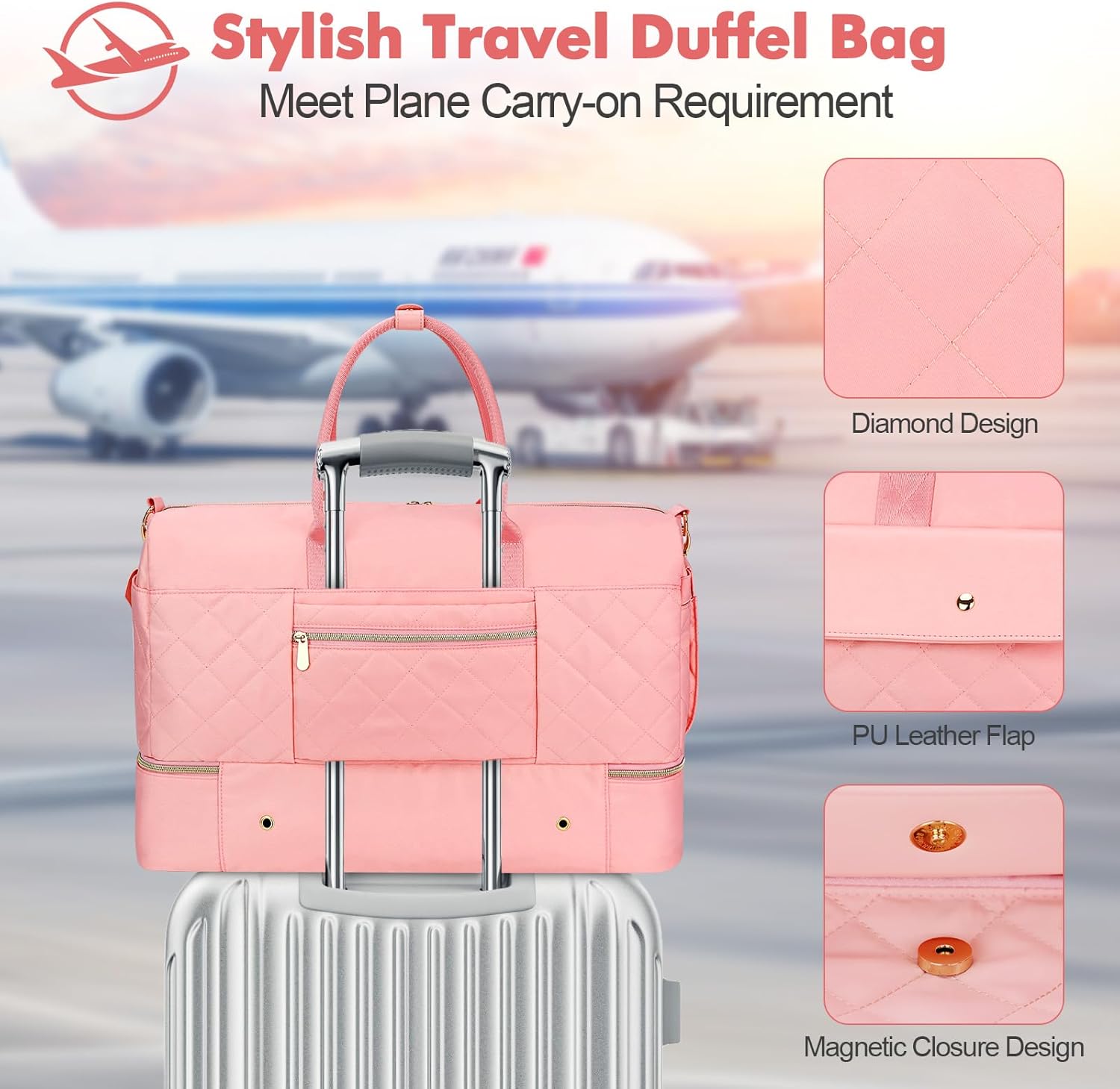 Wedama Travel Duffel Bag, Large Weekender Bag for Women with Shoe Compartment, Carry on Overnight Bag with Toiletry Makeup Bag, Gym Duffel Bag Travel Tote Bag for Travel Gym Camping Hospital, Pink - Image 6