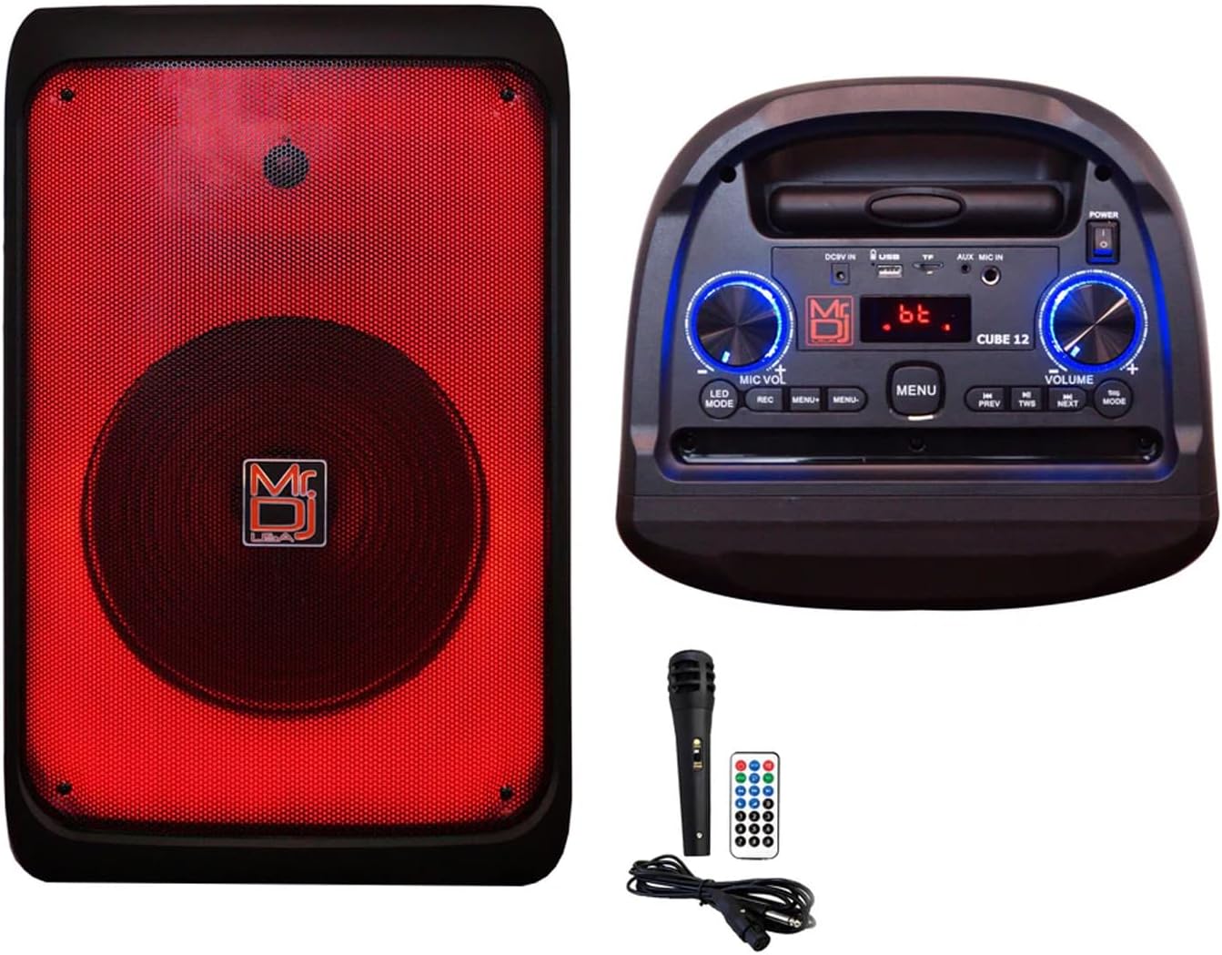 MR DJ USA - CUBE12 12" Rechargeable Portable Bluetooth Karaoke Speaker with Party Flame Lights Microphone TWS USB FM Radio - Buy More Save More (2 Piece Set / $114.99 Each)
