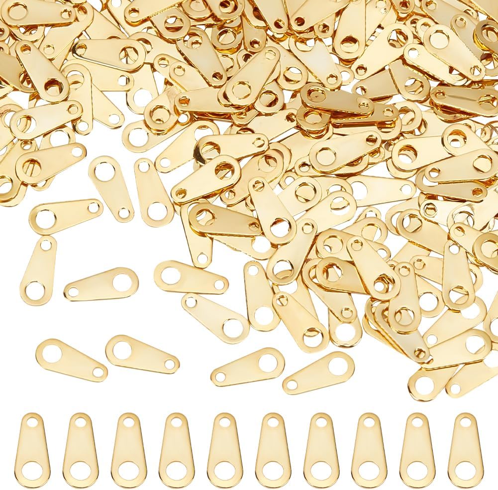BENECREAT 300Pcs Real 18K Gold Plated Chain End Tabs, Teardrop Brass Link End Tags, Chain Connectors with Double Hole, Jewelry Making Pendants