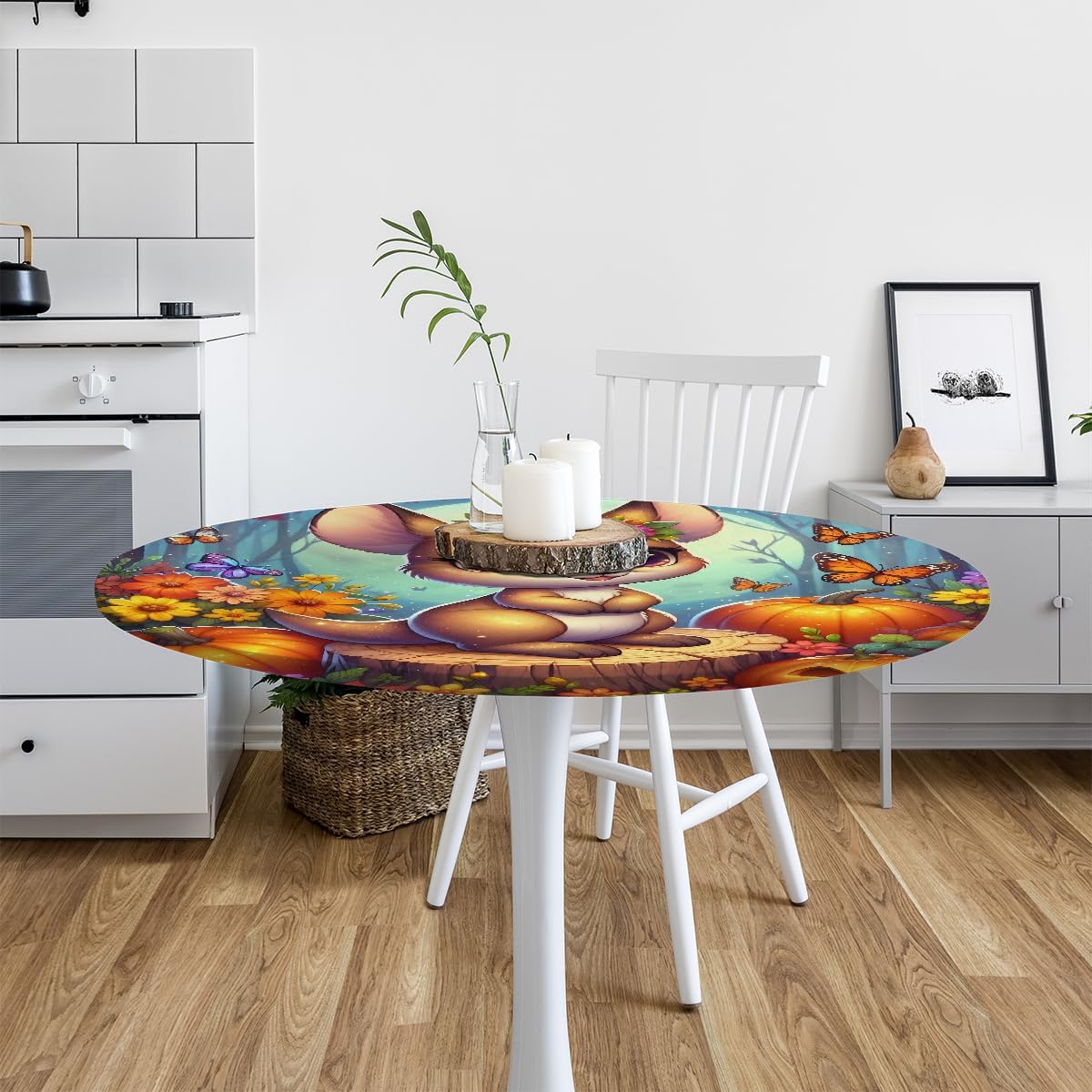 Round Tablecloth with Elastic Edge Fall Kangaroo Pumpkin Fitted Circle Table Cover wipeable Round Table Cloth for Indoor Outdoor Patio Dining Kitchen Decor for 45-50inch Tables