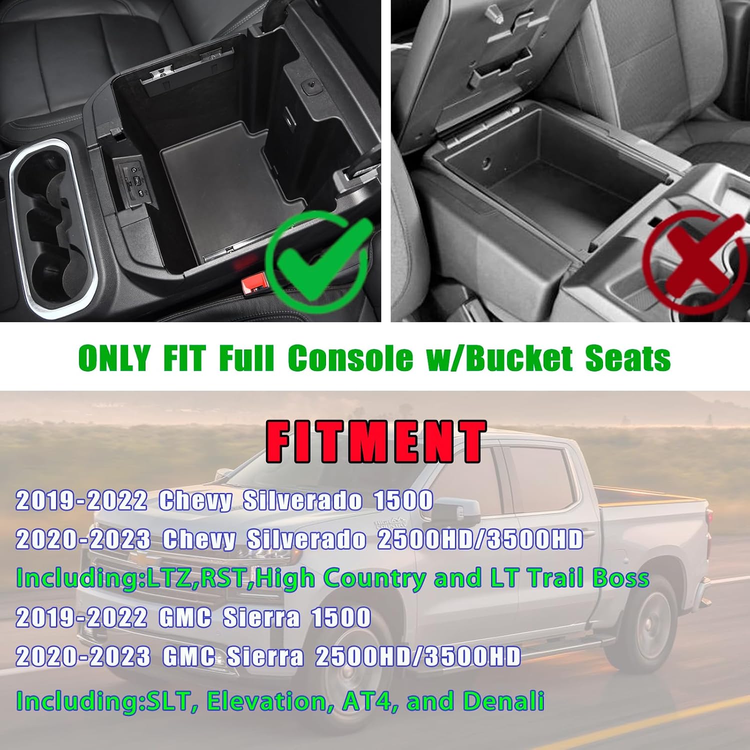 Center Console Armrest Organizer Tray Compatible with GMC Sierra/Chevy Silverado 2019-2022 1500 and 2020-2023 2500/3500HD Interior Storage Box Accessories - Full Console w/Bucket Seats Only