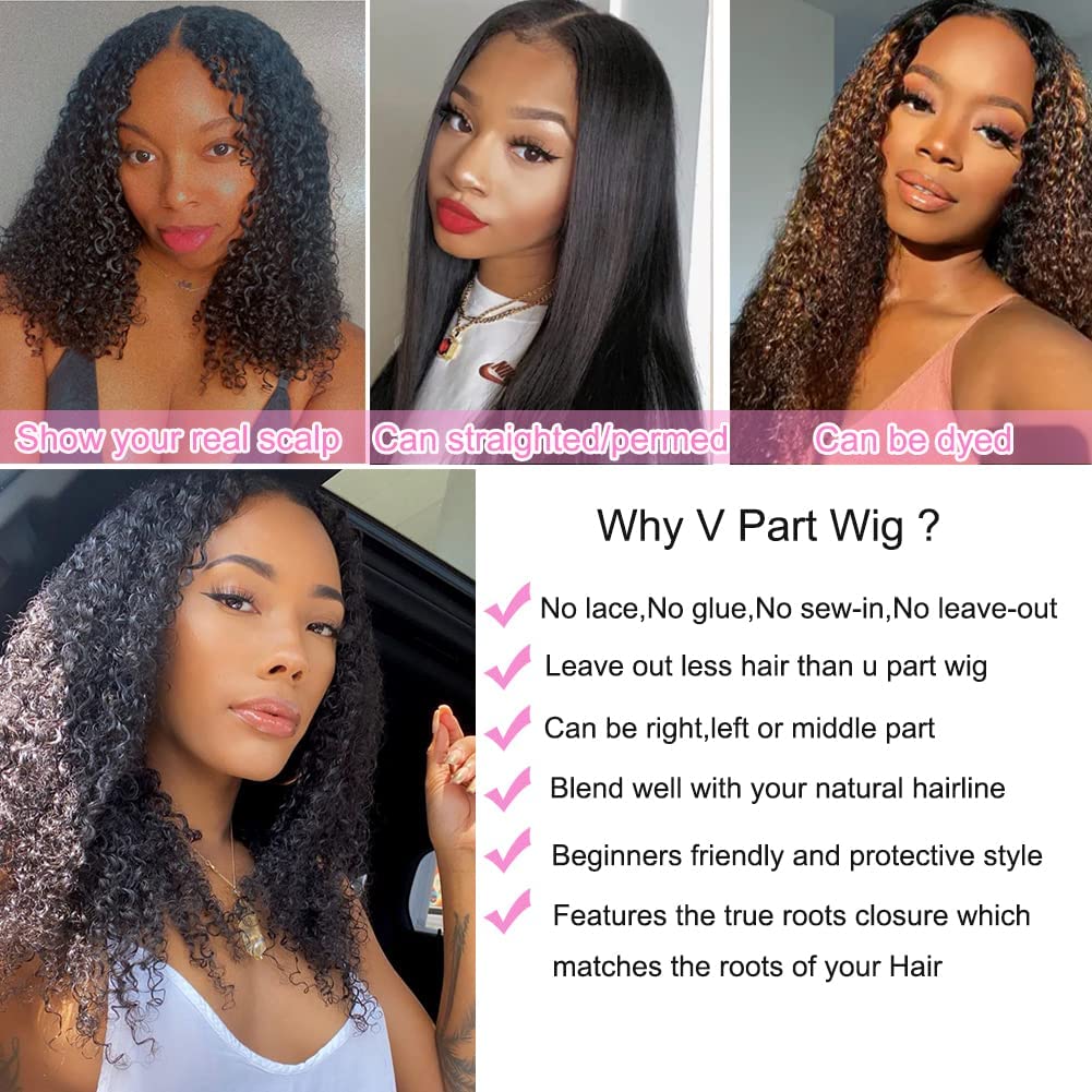 Kinky Curly V Part Wig Human Hair Wigs for Black Women 180% Density Brazilian Virgin Hair Upgrade U Part Wig Glueless Full Head Clip V Shape Wigs 18 Inch
