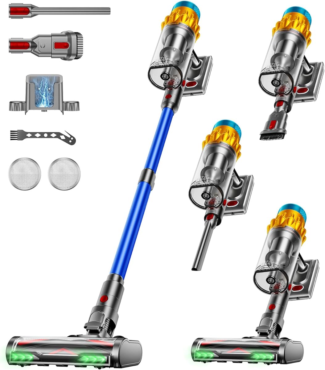 Akku Staubsauger, 50KPA/600W/70Mins Staubsauger Kabellos mit Selbststehend, 1,8L Großer Staubbecher, Anti-Tangle-Bürste, 8-stufiges Filtersystem Grünes Licht für Hartböden Teppiche Tierhaare
