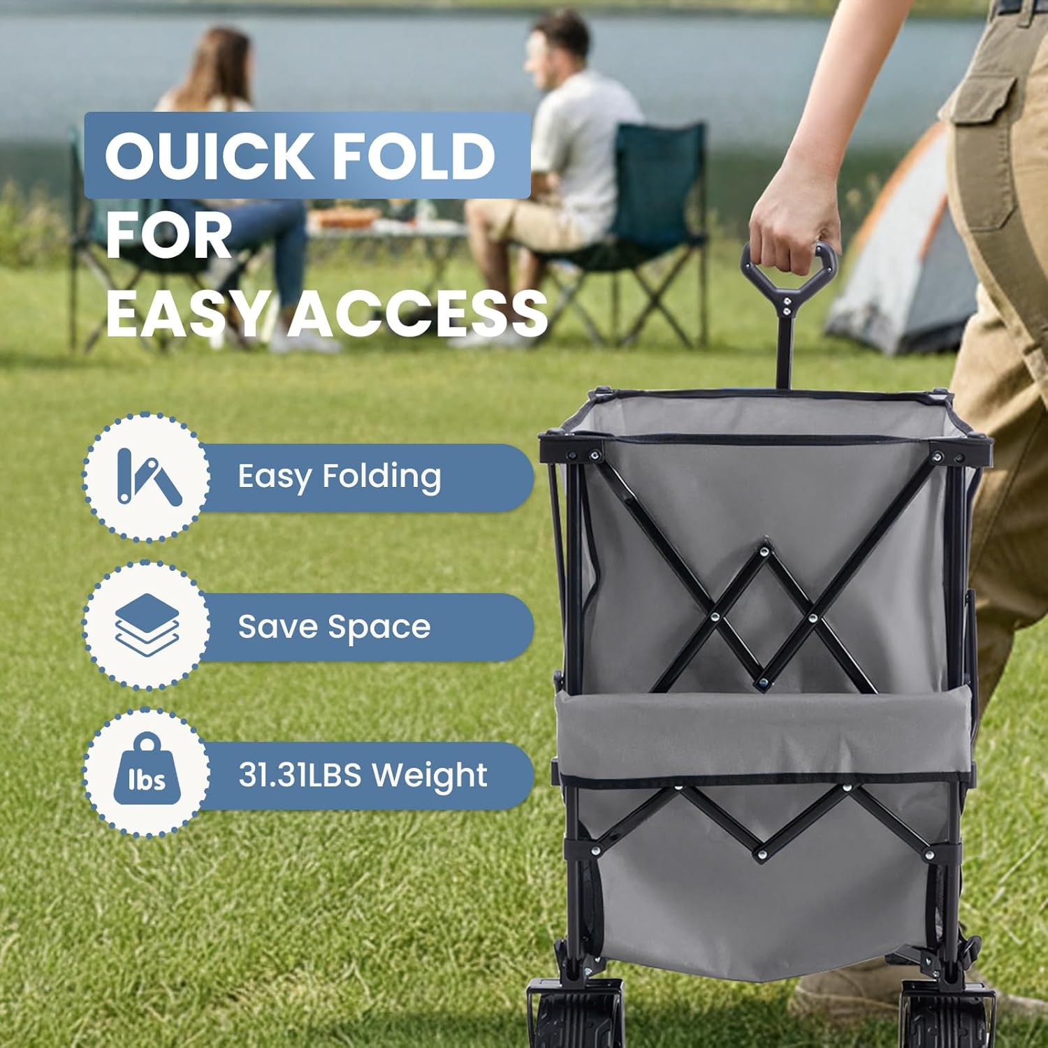 NEWBULIG Large Capacity Folding Double Decker Wagon with Brakes, 440lbs Wagons Carts Foldable Wagon Cart with Flexible Handle, All-Terrain Big Wheels for Grocery Sports Garden Camping