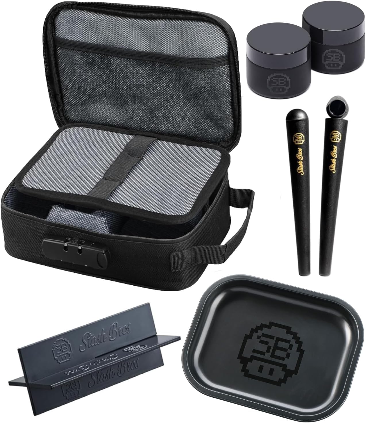 Stash Bros Smell Proof Bag with Accessories | Smell Proof Container Stash Box with 2 Doob Tube, Rolling Tray Bundle Smell Proof Box with UV Jar & 2 air Tight Storage containers