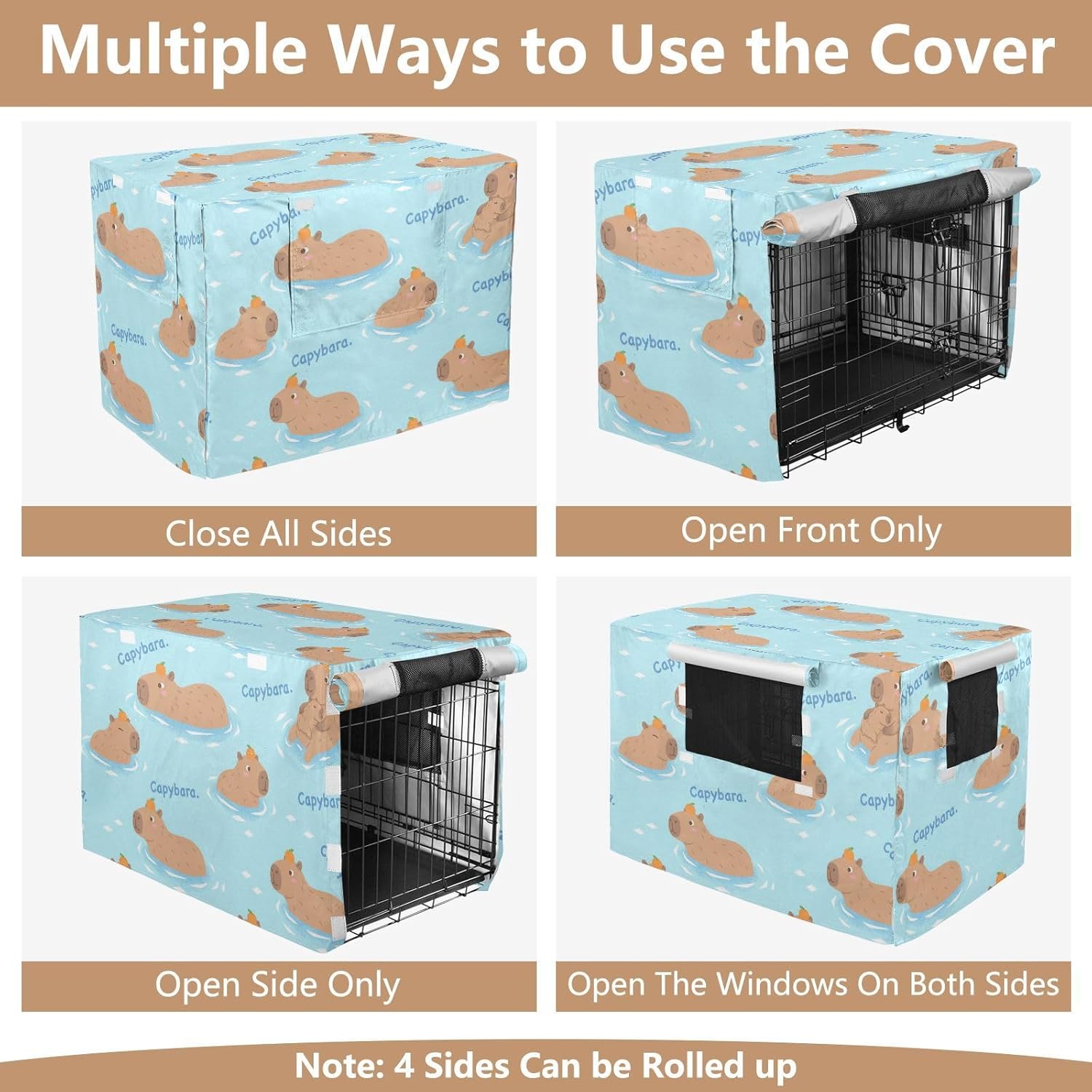 Duty 600D Silver Coated Dog Crate Cover, Water-Resistant Capybaras Print Pet Kennel Canopy with Mesh Windows for Optimal Ventilation, Universal Fit for Standard Wire Cage, Indoor & Travel