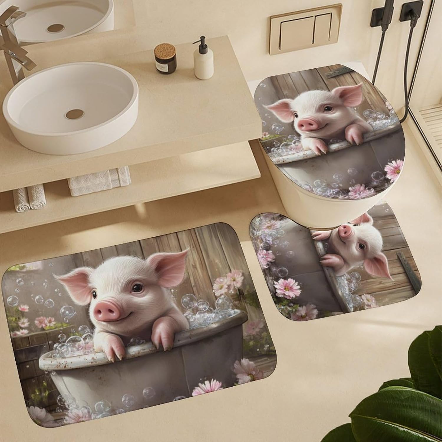 4-Piece Farmhouse Cute Pig Shower Curtain Set, Rustic Bathtub Animal Bathroom Decor Set with Rugs, U Shape Mat, Toilet Cover, Waterproof Shower Curtain Includes 12 Hooks