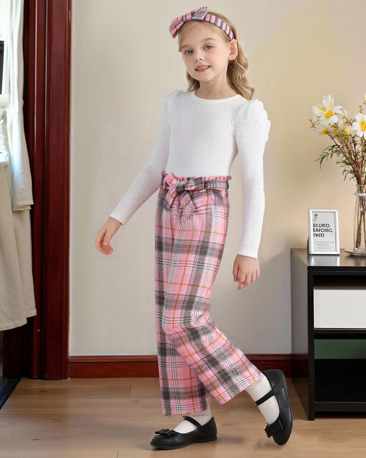 Toddler Girl Clothes Sets: 3 Piece Puff Sleeve Ribbed Top Wide Leg Pants Sets with Headband Fall Outfits 2-8 Years - Image 6