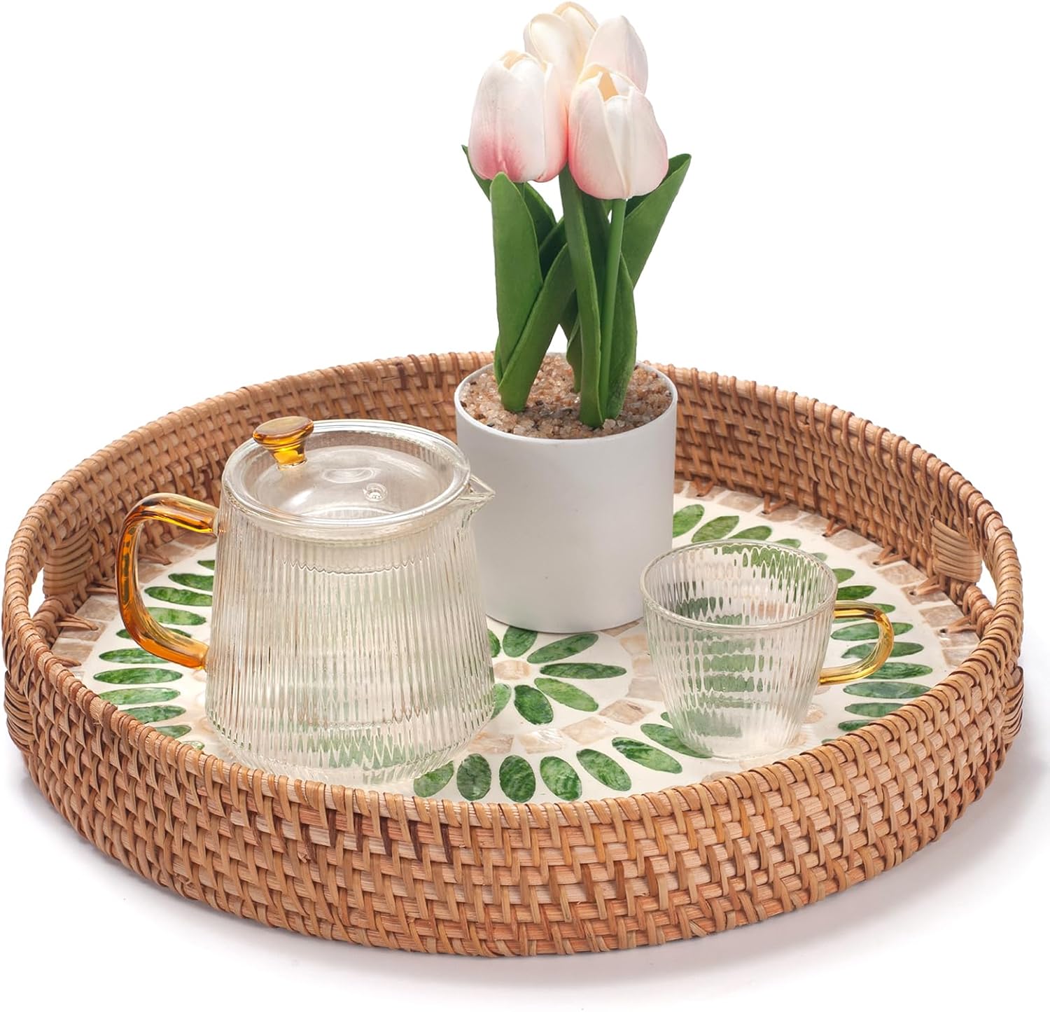 YANGQIHOME Round Serving Tray with Decorative Mother of Pearl Inlay, Wicker Tray for Home Decor, Table Decor, Gifts, Dining, Woven Tray for Food, Fruit, Coffee, 13.8 inch - Image 6