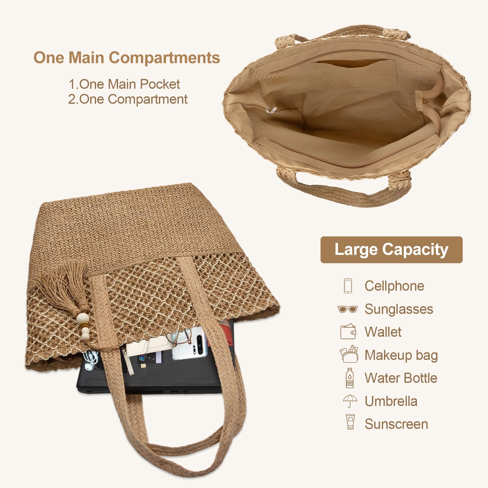 YAMEIZE Stroh Strandtasche für Damen Faltbare Große Gewebte Strohtasche Tasche Schultertasche mit Reißverschluss Sommerurlaub