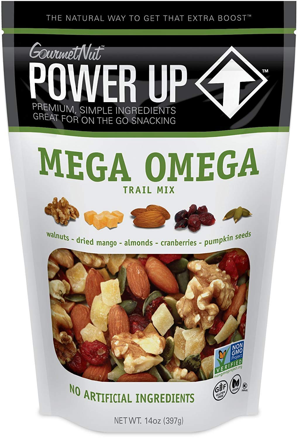 Power Up Trail Mix, Mega Omega Trail Mix, Non-GMO, Vegan, Gluten Free, No Artificial Ingredients, Gourmet Nut, 14 Ounce Bag