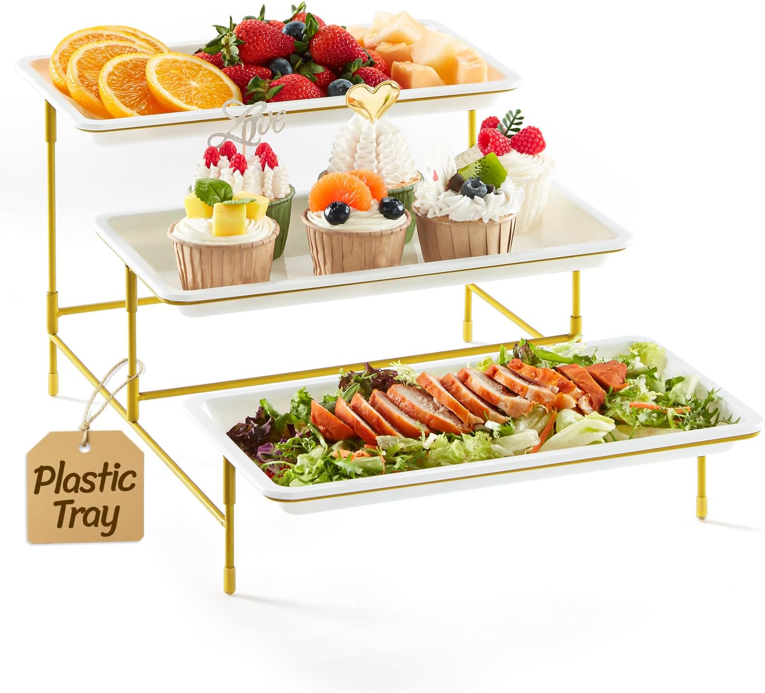 Lifewit 3 Tier Serving Tray for Party, 30 x 17 cm/12 x 6.5 Plastic Serving Platters, White Tiered Tray Stand with Gold Collapsible Metal Stand, Decorative Dessert Table Display Set for Buffet
