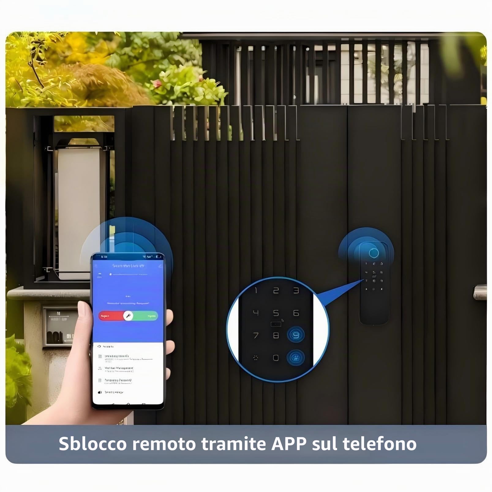 Serratura Smart da Esterno Impermeabile IP66 - Accesso con Impronta Digitale e Tessera su Entrambi i Lati - 5-in-1 con WiFi per Cancelli da Giardino (Nero)