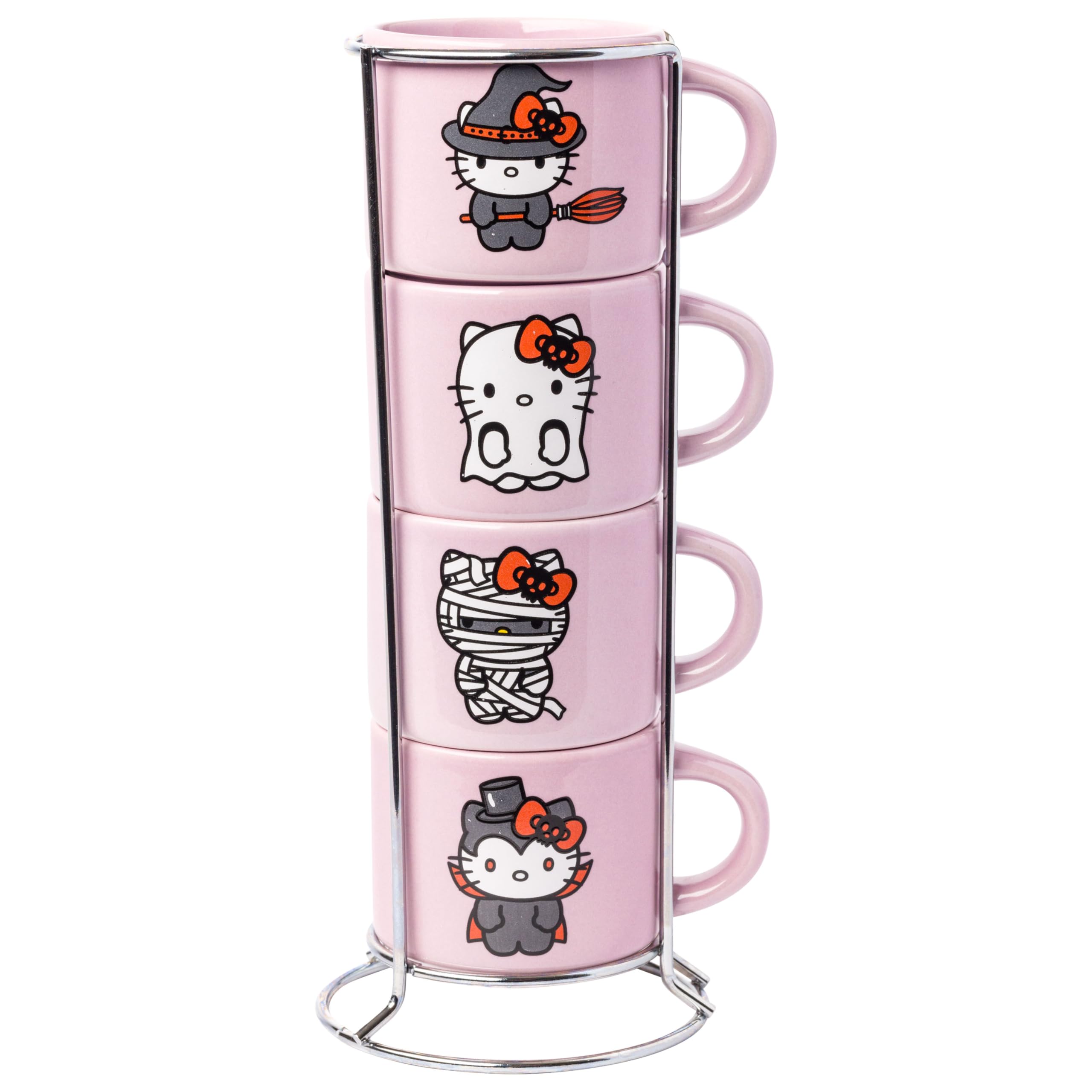 Silver Buffalo Sanrio Hello Kitty Halloween stapelbares Keramikbecher-Set mit Aufbewahrungsregal, 85 ml, 4 Stück