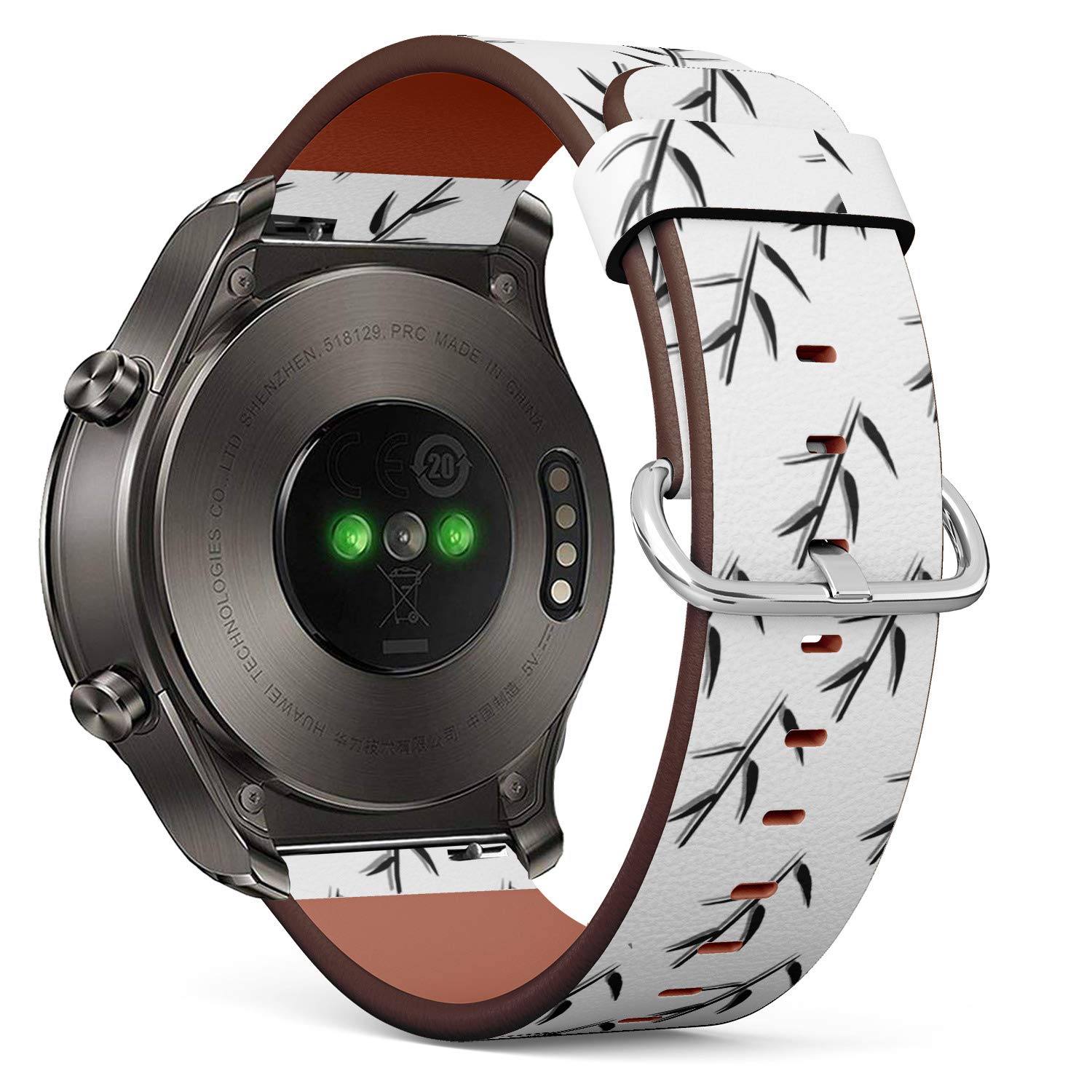 Compatible with Huawei Watch 2 Classic - Leather Watch Wrist Band Strap Bracelet with Quick-Release Pins (Black White Bamboo Twig)