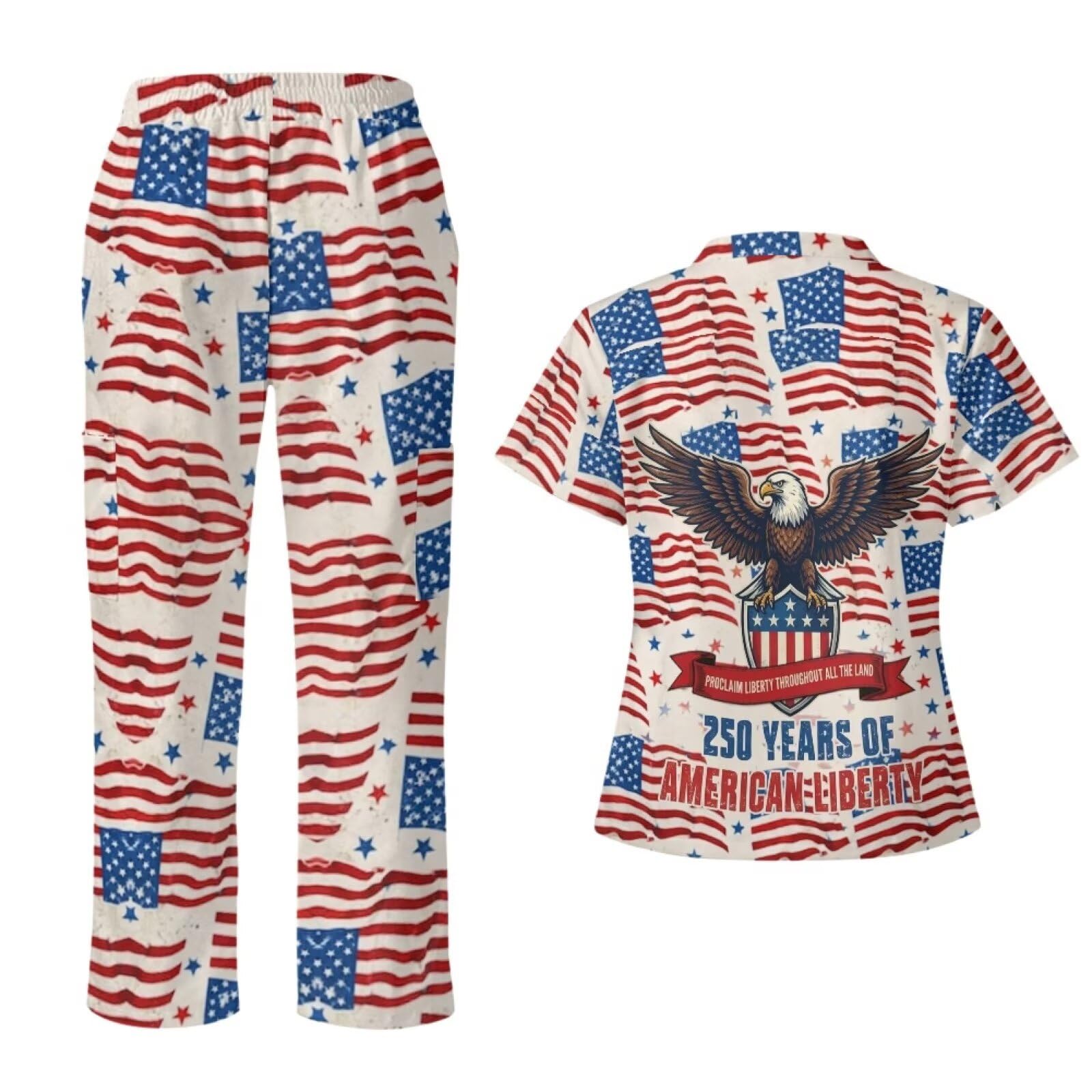 250th Anniversary USA Scrubs Set Women with Tall Scrub Pants Eagle American Flag Scrub Tops for Women Medical Assistant Accessories