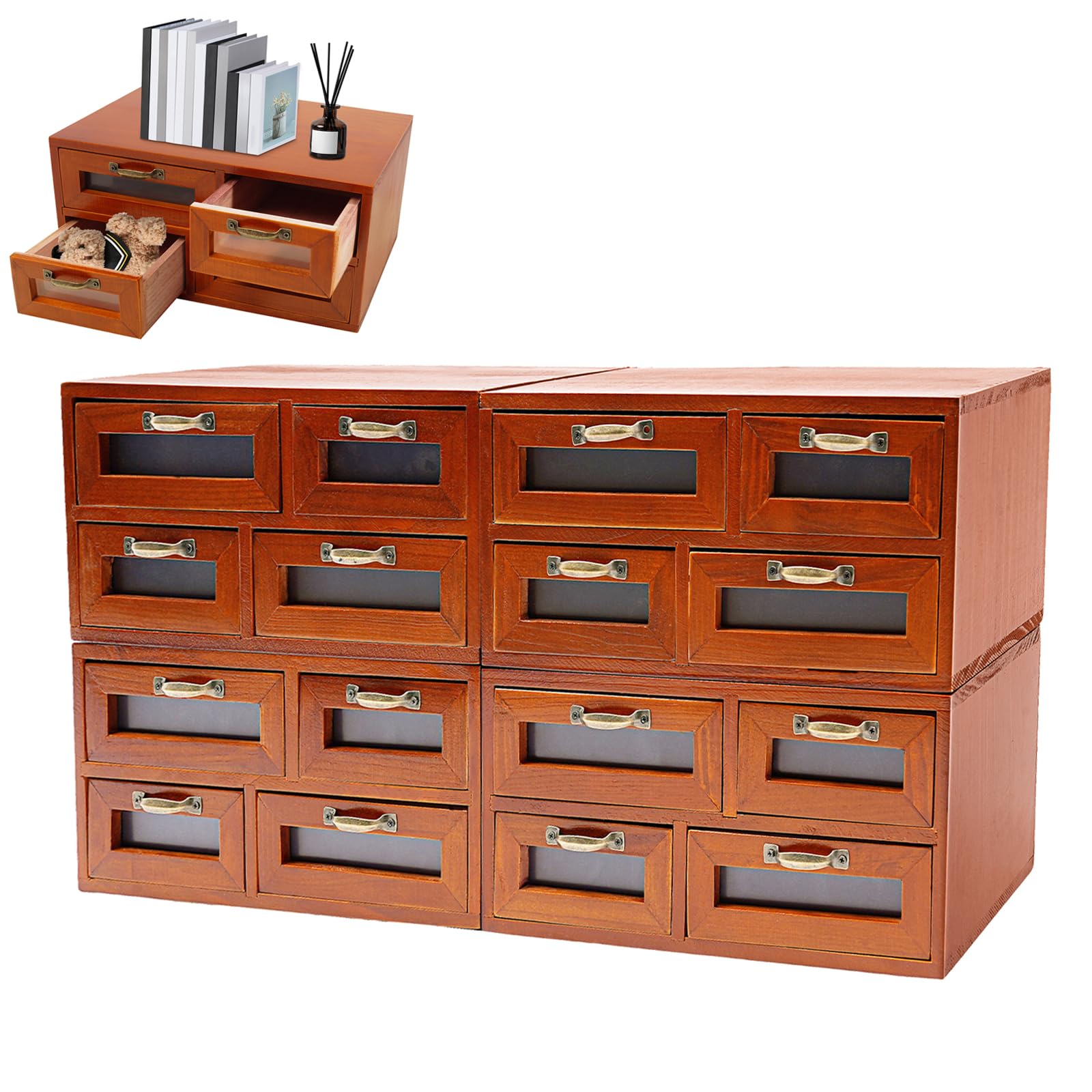 Mini Kommode Holz 16 Schubladen Schreibtisch Organizer Vintage Braun | 4-teiliges Holz Ordnungssystem Mit 16 Schubladen, Klaren Fenstern Und Flexiblem Aufbau Für Lagerung Decoupage Dekoration
