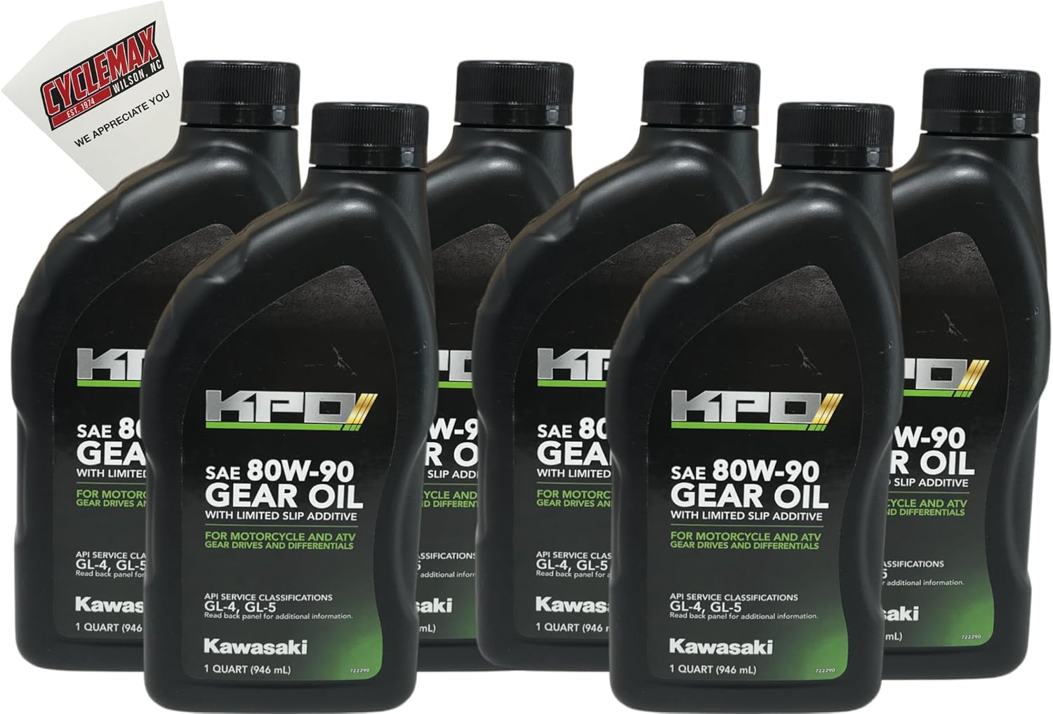 Cyclemax Six Packcompatible with Kawasaki OEM KPO Gear Oil Sae 80w-90 - K63G-104-01Q - Supersedes K6103G-103-01Q Contains Six Quarts and a Funnel