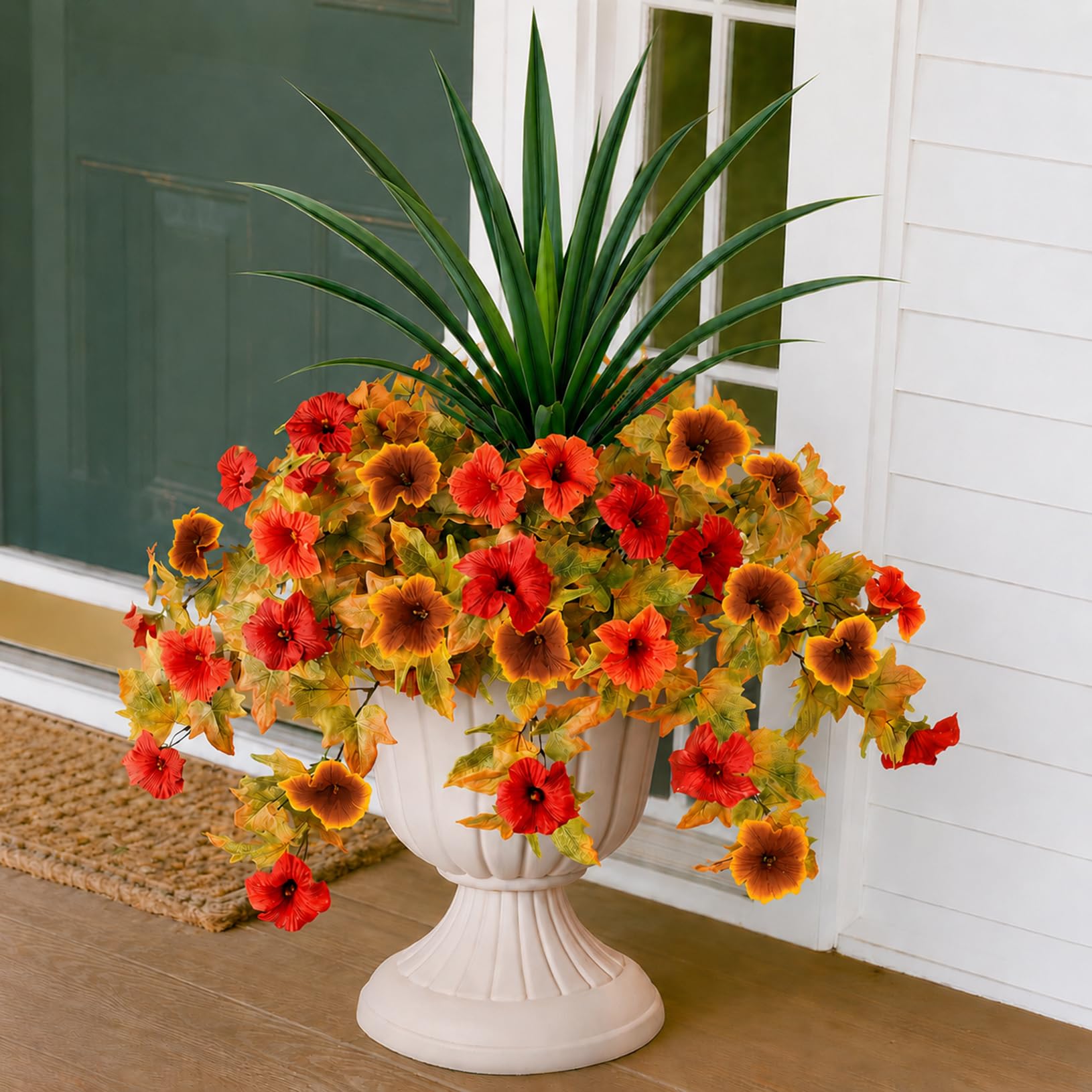 ATAVSADN Artificial Flowers for Outdoor, 2 Bundles Silk Morning Glory with 2 Orchid Leaves, UV Resistant Fake Plants for Outdoor Indoor Planters, Porch, Patio, Garden Decor Brown Red,One Size