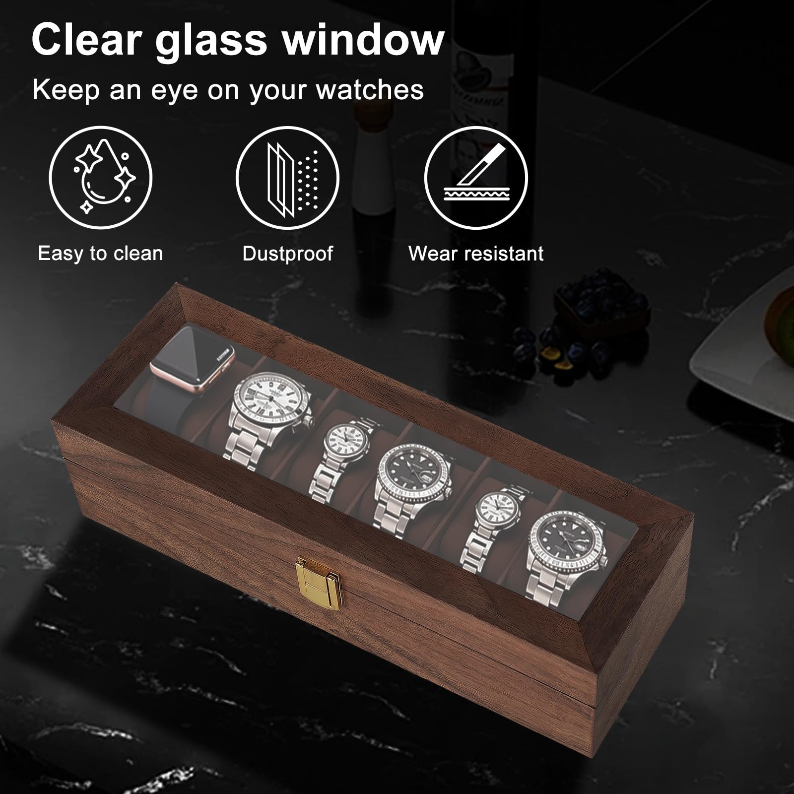 Caja de Relojes con 6 Compartimentos,Caja Relojes de Madera,Estuche de Reloje con Tapa de Cristal,Forro Suave,Cojín Extraíble,Cierre Metálico,Cajas para Reloje para Hombres y Mujeres