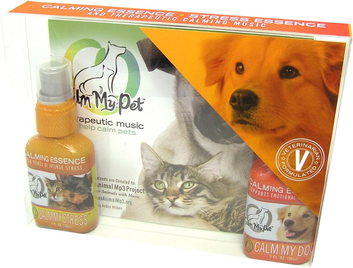 Calm My Dog Kit, Unscented Organic Calm My Dog Essence, Calm My Stress Essence and Soothing Music