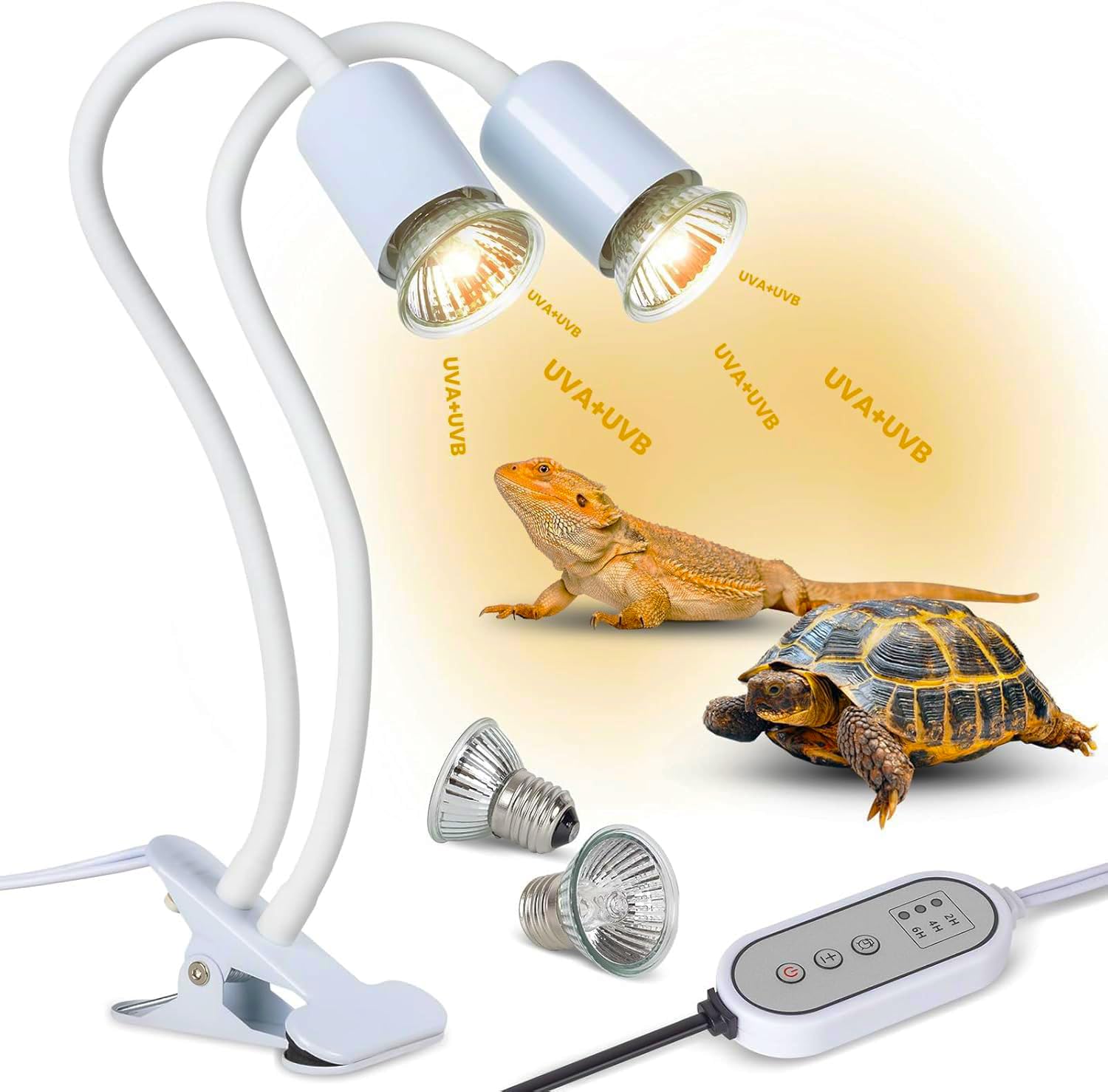 testyu Lampada Riscaldante Tartarughe a Due Teste, 25W+50W Lampada Tartarughe Acqua E27, UVA+UVB Lampadas Riscaldante Rettile con Interruttore Timer Regolabile per Tartarug Rettili Lucertole (Bianco)