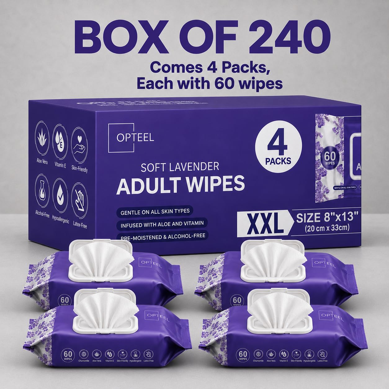 OPTEEL Salviette per adulti – Extra Large 8x13, profumate, pre-umidificate | Asciugamani usa e getta senza risciacquo, super morbidi, infusi di aloe e vitamina E, per la pulizia personale e la cura