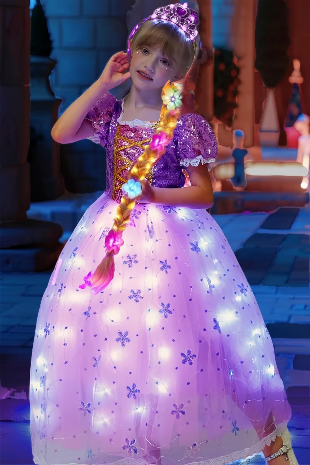 Light Up Girl Princess Costume Dress for Birthday Cosplay Party Outfit Purple Princess Dress Up