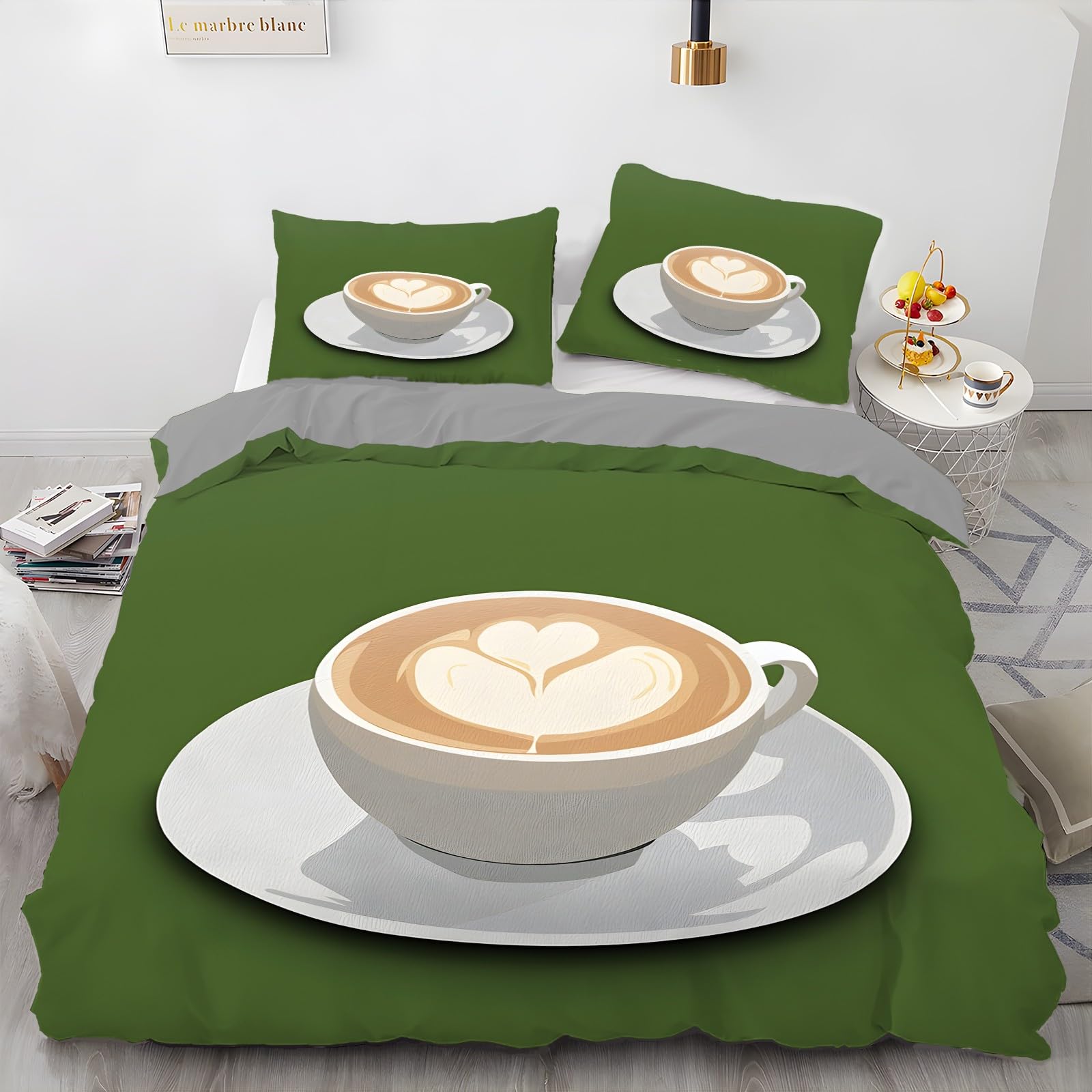 Filiżanka do kawy Super King Zestawy poszewek na kołdrę, w kształcie serca latte art dwustronny zestaw pościeli, 2 poszewki na poduszki 50 x 75 cm z zapięciem na zamek błyskawiczny