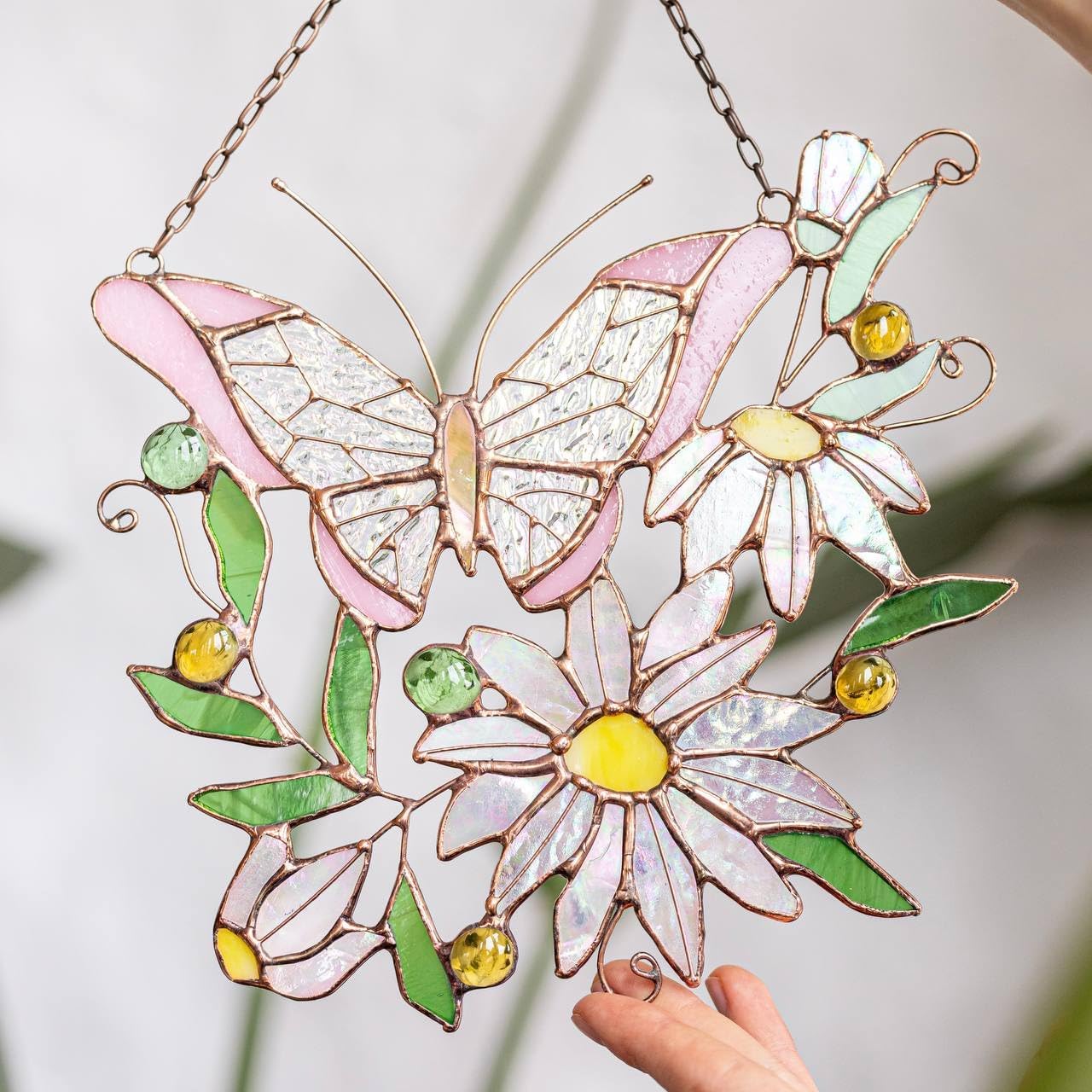 Pink Butterfly With Daisy Stained Glass Suncatcher. Real Glass Home Decor. Indoor Outdoor Decor. Mother's Day Gift Idea. Wall Window Hanging Panel. Butterfly Decor. Nature-inspired Decor For Home.