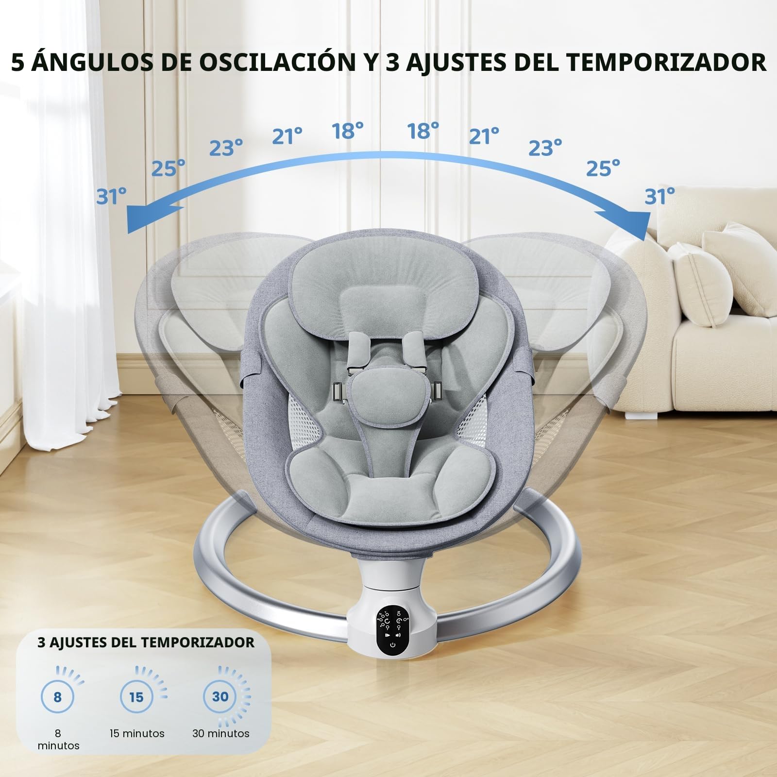 Hamaca para Bebé, Arnés Actualizado de 5-Puntos Eléctrica Silla Mecedora para 0-9 kg de Bebé, App y Control Remoto Hamaca Bebe con 3 Temporizadores, 5Velocidades de Columpio y Melodias Gris