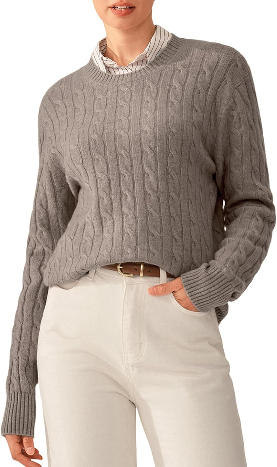 KVSS Women's 100% Pure Cashmere Crewneck Sweater Cable-Knit Long Sleeve Pullover Sweater for Women