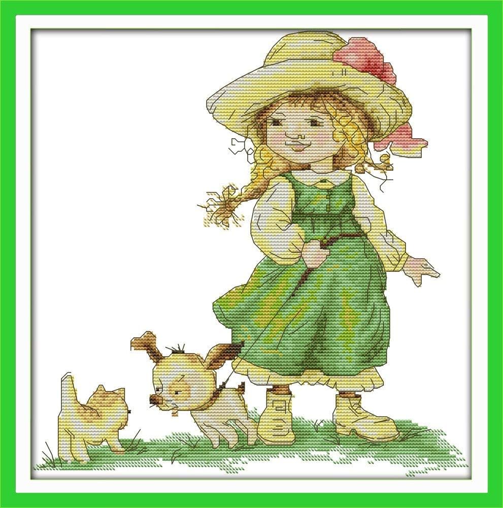 Happy Forever Cross Stitch Kits 11CT Stamped Patterns for Kids and Adults, Preprinted Embroidery kit for Beginner, Cute Little One (C703 Forest Angel, Size 17''x19'')