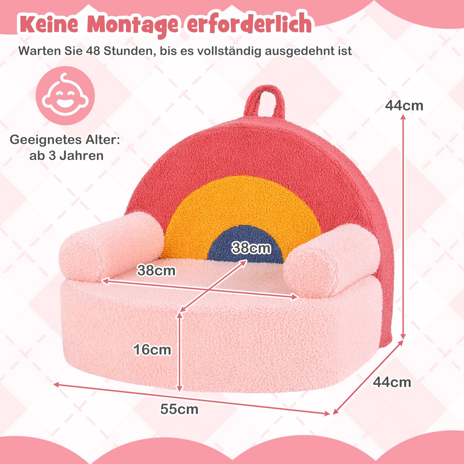 COSTWAY Kindersofa in Regenbogenform, Kindersessel gepolstert aus Schaumstoff & Teddystoff, Kindercouch mit waschbarer Bezug & rutschfeste Unterseite, Spielsofa für Kinder ab 3 Jahren, Rosa
