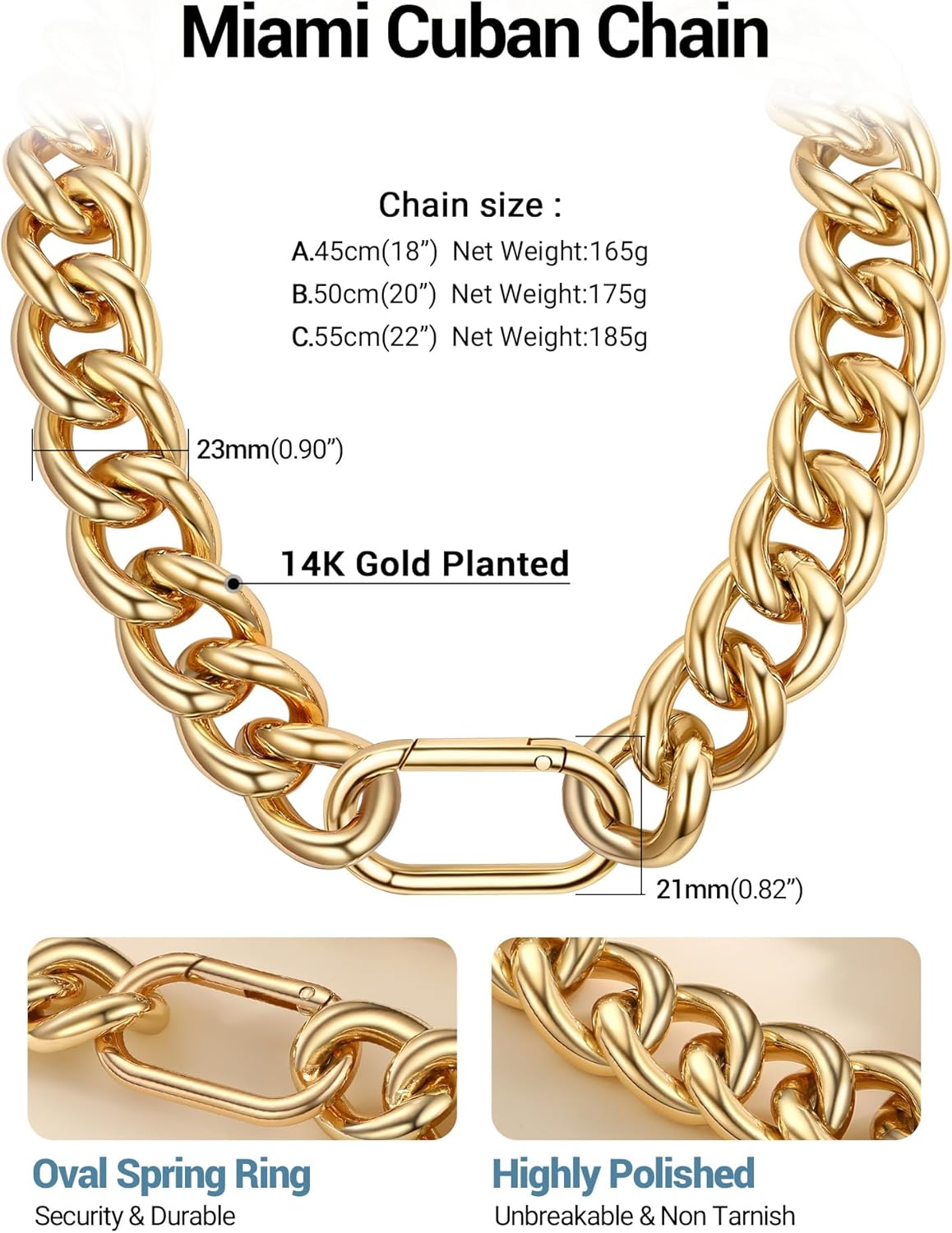 Chunky Gold Necklace for Women, 14K Gold Cuban Chain with Oval Spring Ring, 13MM/16MM/23MM 14K Gold Plated Womens Gold Chain Necklace Hip Pop Trendy Jewlry Gifts - Image 4