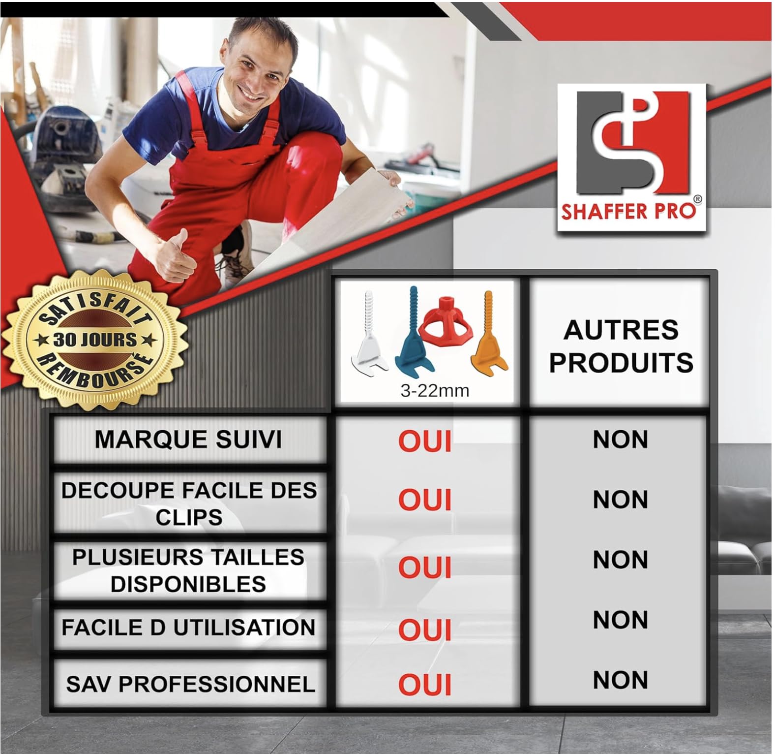Croisillons carrelage autonivelant 3mm I SHAFFER PRO I Comptatible 20mm | kit 3 mm | 100 clips+100 cadrans réutilisables |3-22 mmI Shaffer pro I nivellement à visser - pose de carreaux Sols/murs