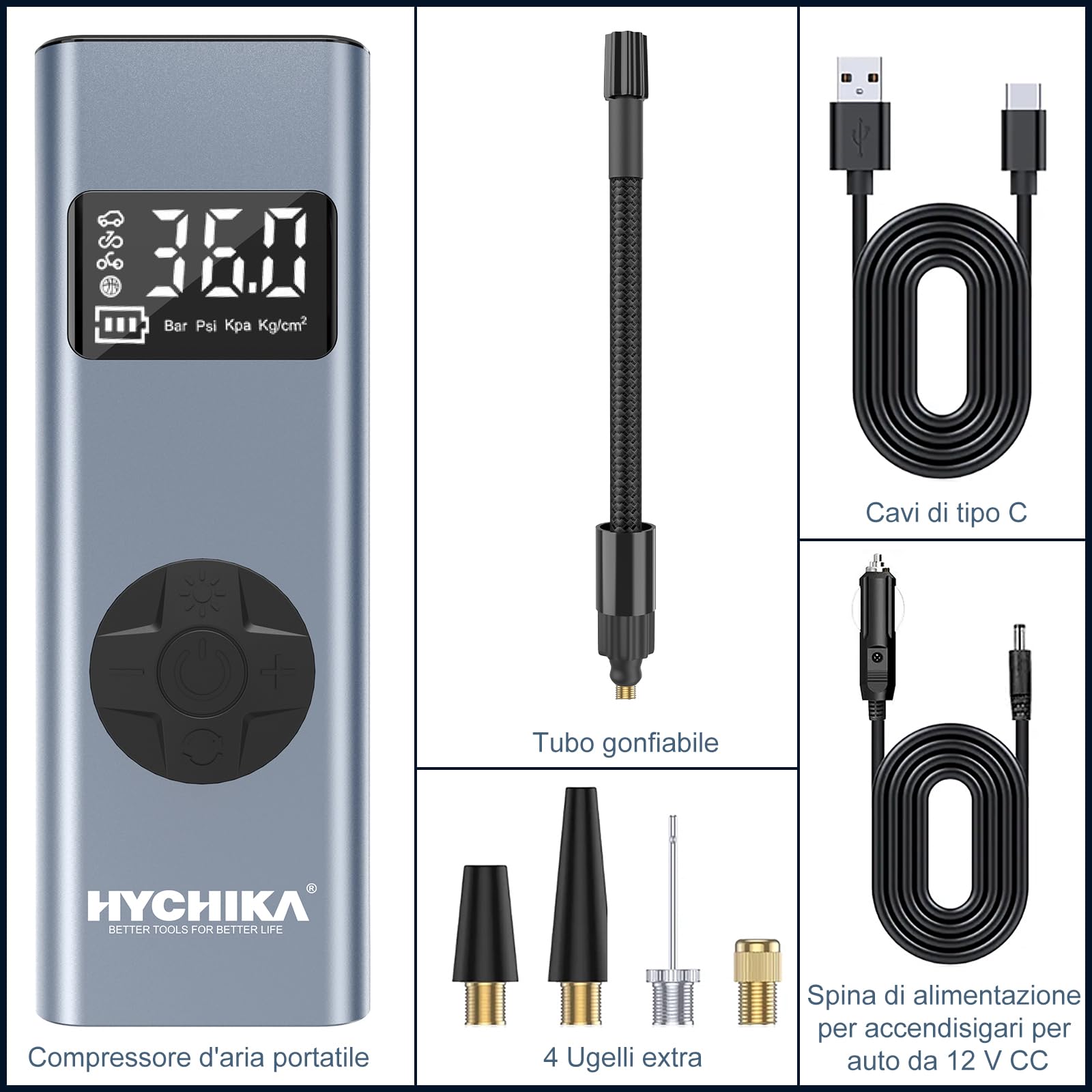 HYCHIKA Compressore Aria Portatile 12V, 6000mAh 150PSI Mini Compressore Portatile, Gonfiatore Gomme Auto con Schermo LCD Digitale, Pompa per Bicicletta, Auto, Moto, Monopattino, Palloni
