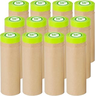 Pre-Taped Masking Paper for Painting - 18 inch x 50 feet Tape and Drape Painters Paper, Paint Adhesive Protective Paper Roll for Covering Skirting, Frames, Cars and Auto Body (12 Rolls)