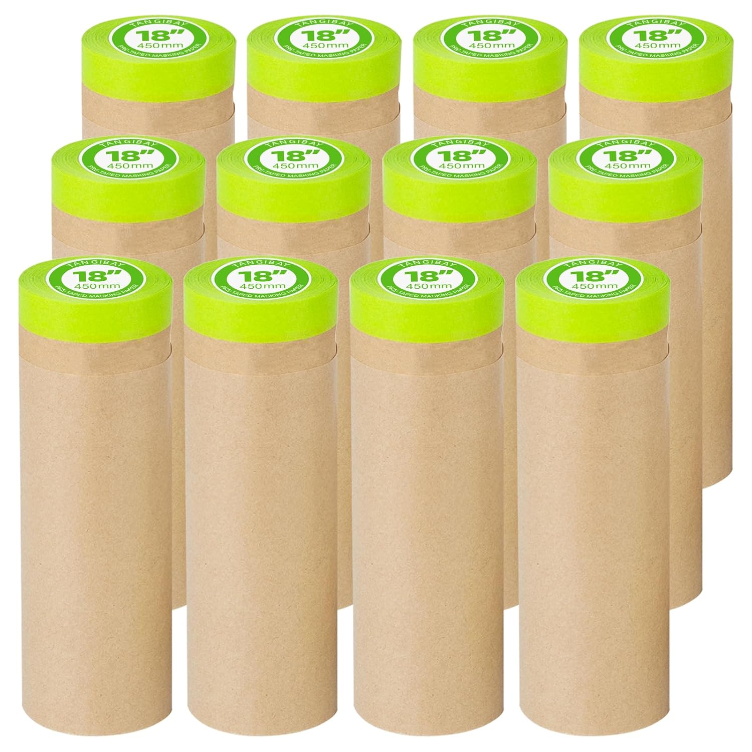 Pre-Taped Masking Paper for Painting - 18 inch x 50 feet Tape and Drape Painters Paper, Paint Adhesive Protective Paper Roll for Covering Skirting, Frames, Cars and Auto Body (12 Rolls) Pre-Taped Masking Paper for Painting - 18 inch x 50 feet Tape and Drape Painters Paper, Paint Adhesive Protective Paper Roll for Covering Skirting, Frames, Cars and Auto Body (12 Rolls)