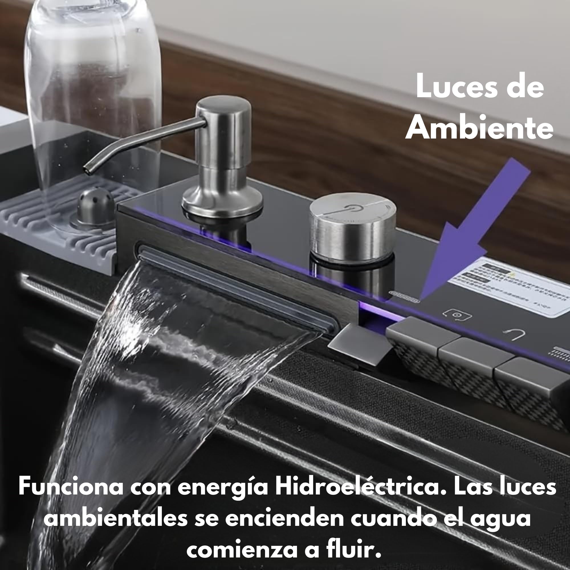 LUMS Fregadero de Cocina Multifuncional Acero Inoxidable Negro, Fregadero 1 Seno con Grifo Cascada, Pantalla Digital y Luz LED, Incluye Lava Vasos y Accesorios