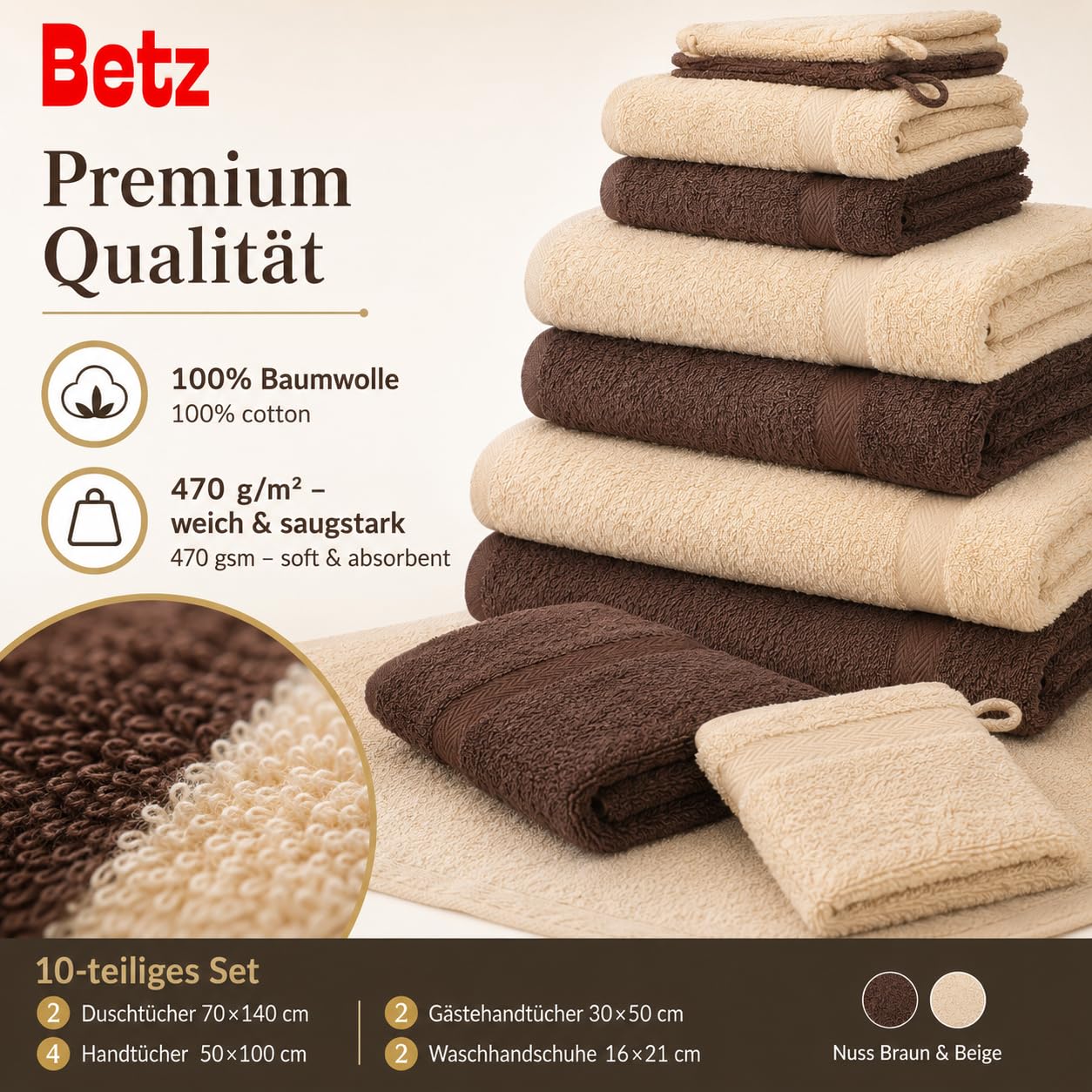 Betz Set di 10 asciugamani Premium 2 asciugamani da doccia 4 asciugamani 2 asciugamani per ospiti 2 guanti da bagno 100% cotone colore beige e marrone noce