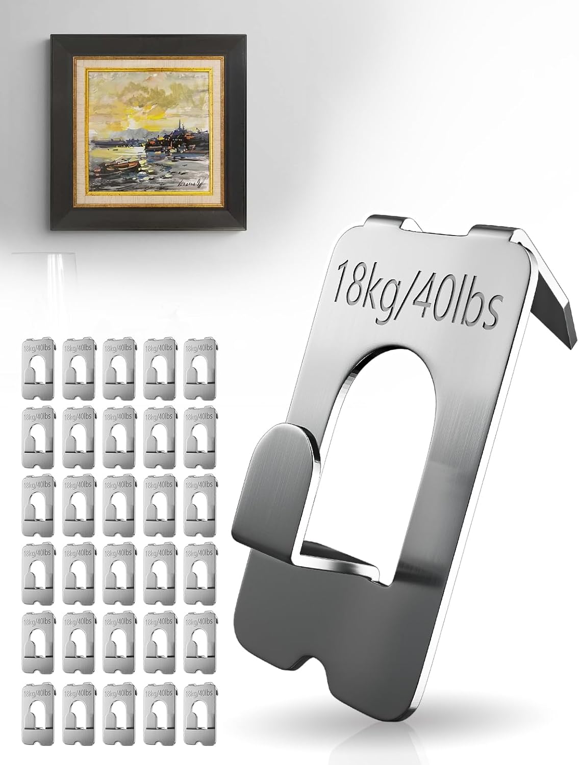 Amuille Picture Hangers 10 Pcs, Drywall Picture Hanging Hooks Support 40Lbs/18kg- No Damage, Easy Install Wall Hooks for Hanging Photo Mirror Art & Home Office Decor
