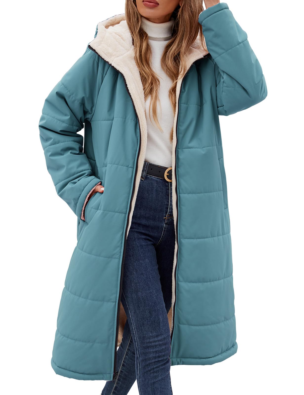 Vancavoo Wintermantel Damen Lang Gefütterte Winterparka Steppmantel | Winterjacke Wendejacke mit Fleece, fester Kapuze, durchgehendem Reißverschluss und Taschen