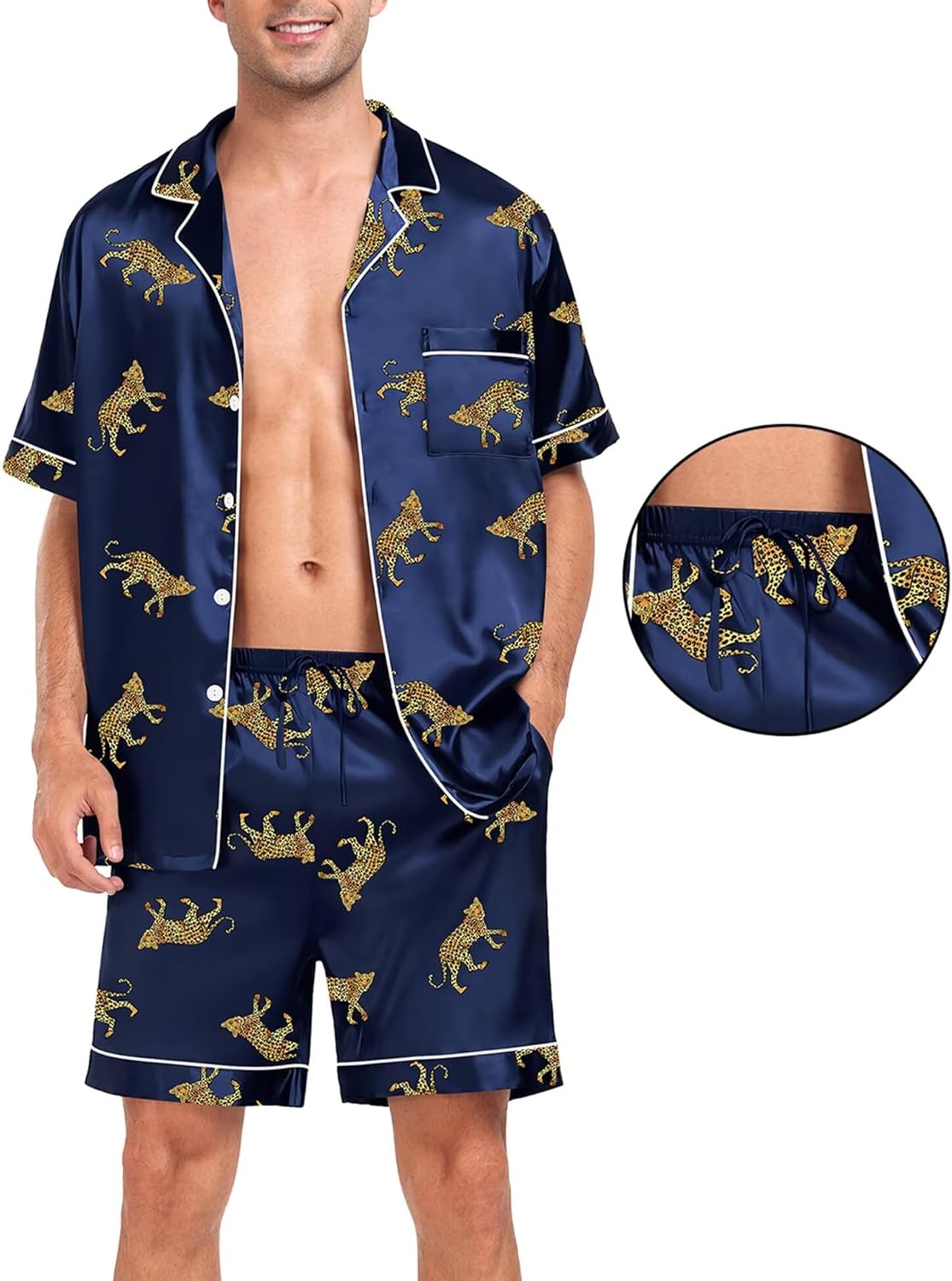 SWOMOG Men Silk Pajama Set Short Sleeve Satin PJs Sets 2 Piece Button Down Sleepwear Soft Summer Loungewear with Pockets - Image 2