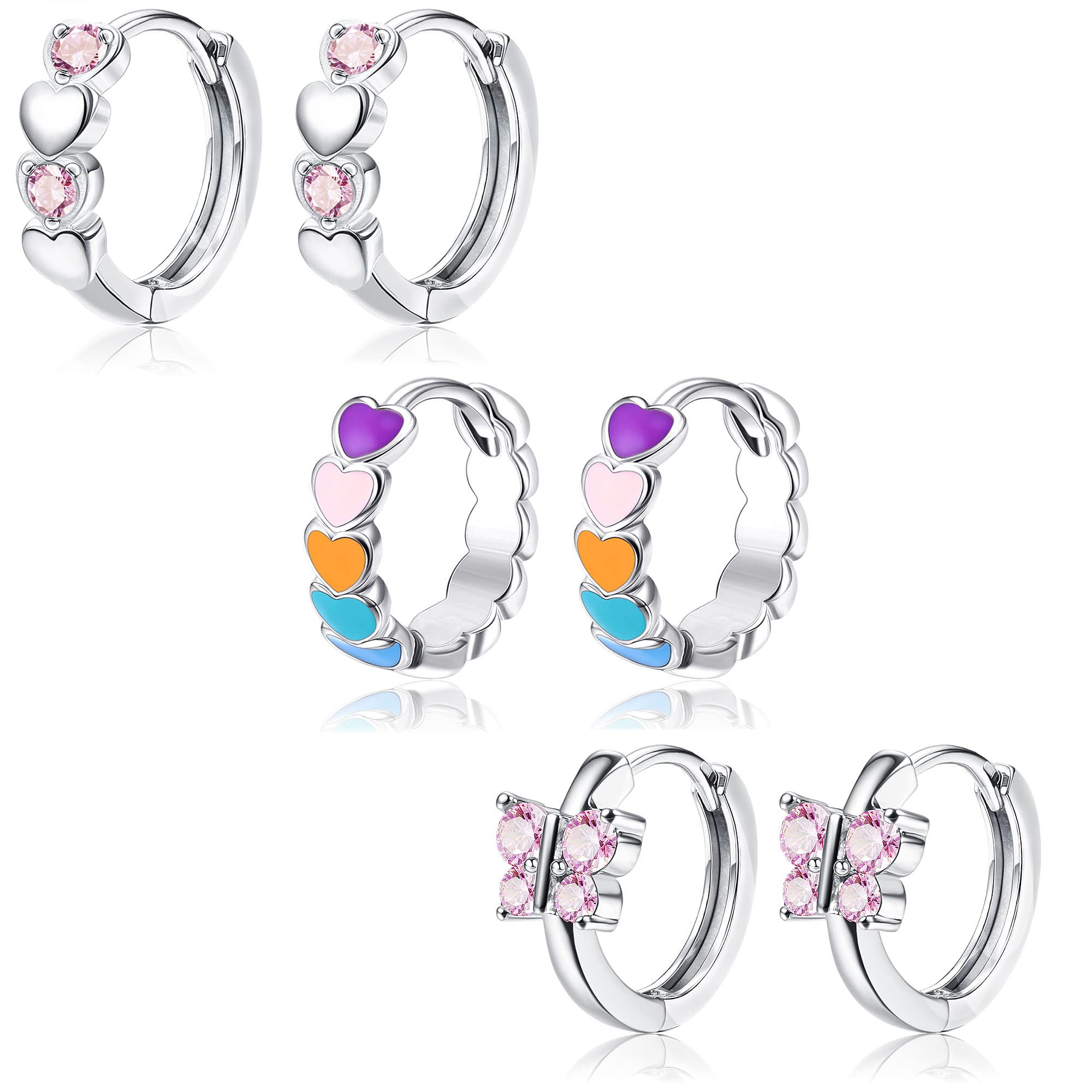 JeweBella 3Pair Pequeño Pendientes de Aro para Mujer Niñas Pendientes Flores Corazón Mariposa Zirconia Pendientes de Aro Huggie Aguja de Plata Hipoalergénico Juego de Pendientes Cartílago Regalo