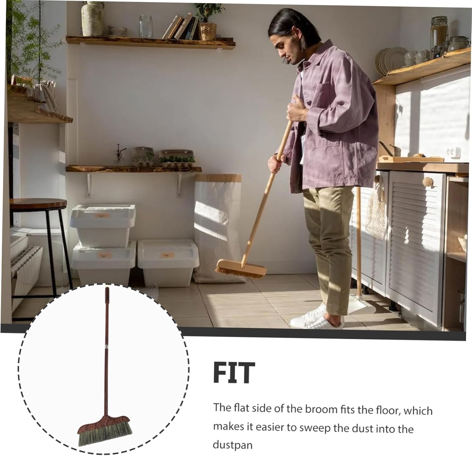 Healeved Wood Broom Long Handle Soft Bristle Dustpan Cleaner Home Cleaning Multi-Functional