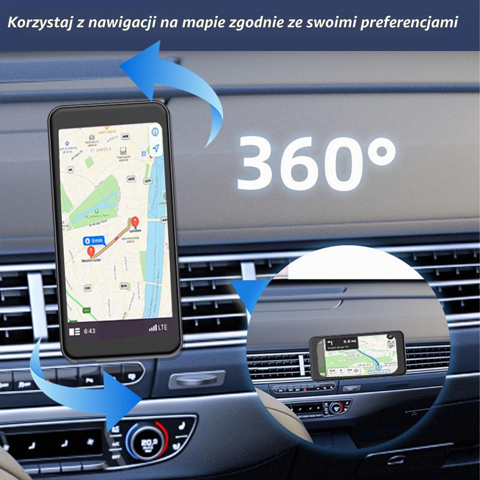 Akozon Bezprzewodowy Ekran Samochodowy 6,5 Cala HD Przenośny Samochodowy Zestaw Stereo z nawigacją GPS Bluetooth do Sterowania Głosowego
